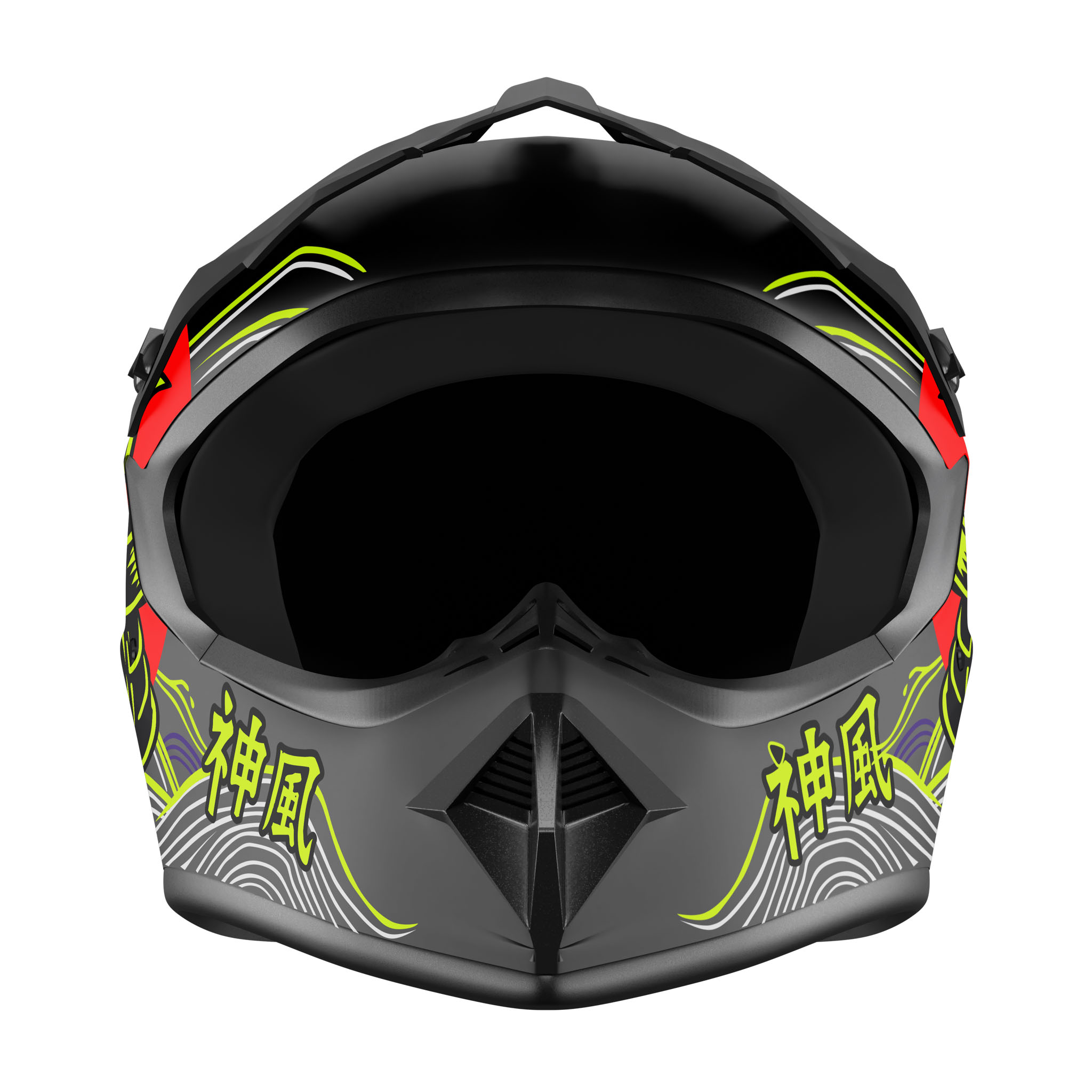 Ein schwarzer Helm mit japanischen Schriftzeichen und Wellenmuster.
