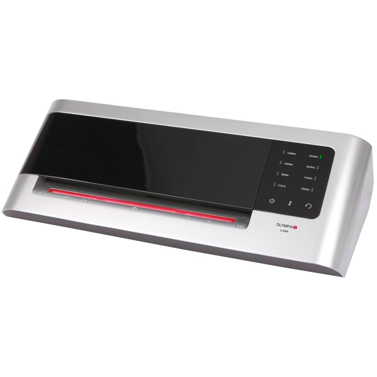 Silberner Aktenlaminator mit schwarzem oberen Bereich und roter Leiste.