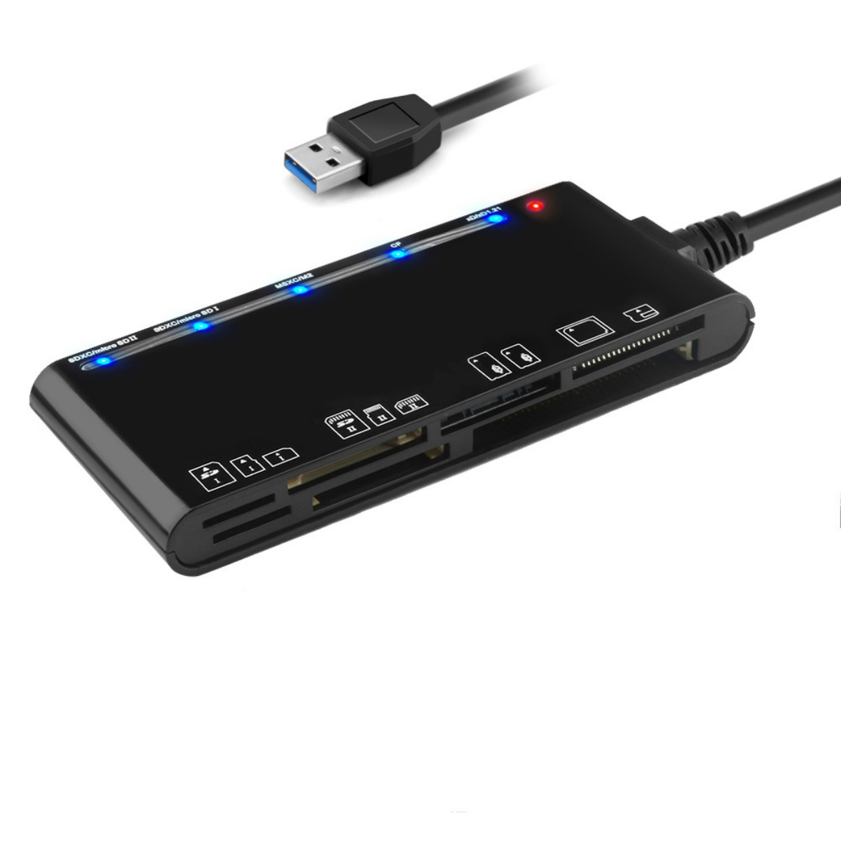 Schwarzer Kartenleser mit USB-Anschluss und blauen LEDs. Mehrere Steckplätze sichtbar.