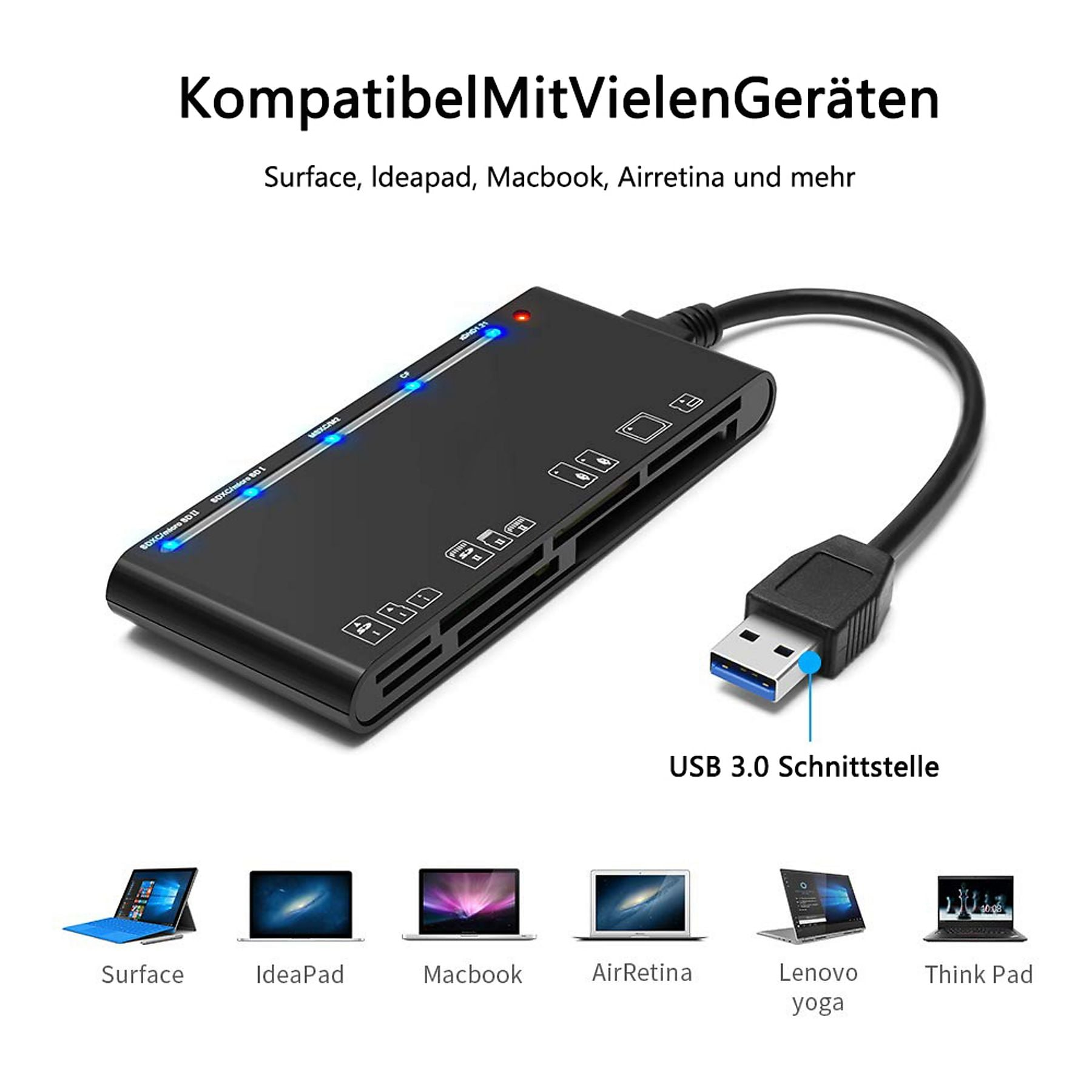 Ein schwarzer USB 3.0 Kartenleser mit mehreren Steckplätzen und blauen LEDs.