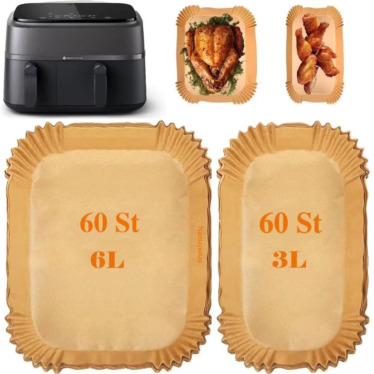 Ein schwarzer Heißluftfritteusen-Set mit Brathähnchen, Flügeln und Backformen.