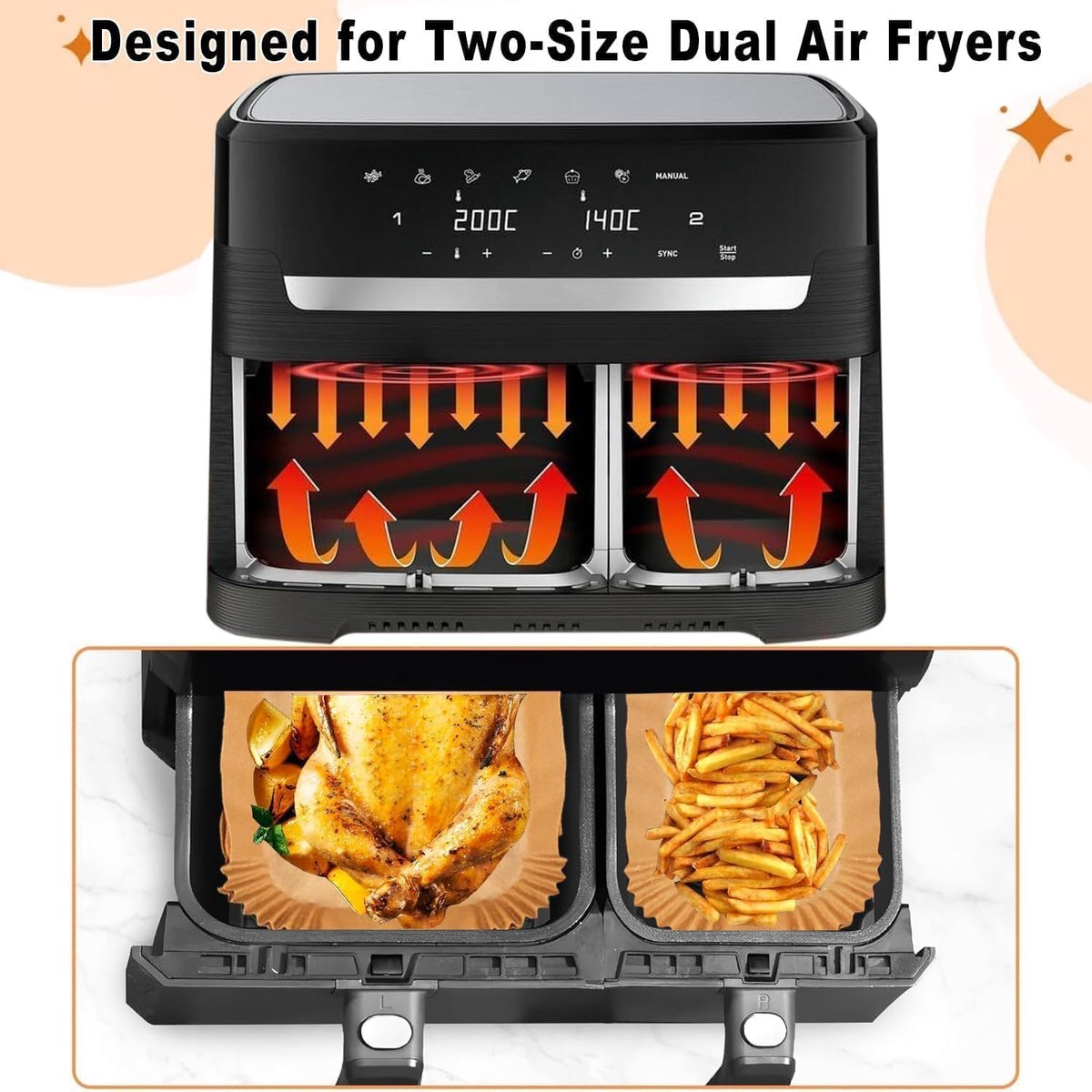 Ein schwarzer Dual-Airfryer mit zwei Körben, die einen Braten und Pommes Frites enthalten.