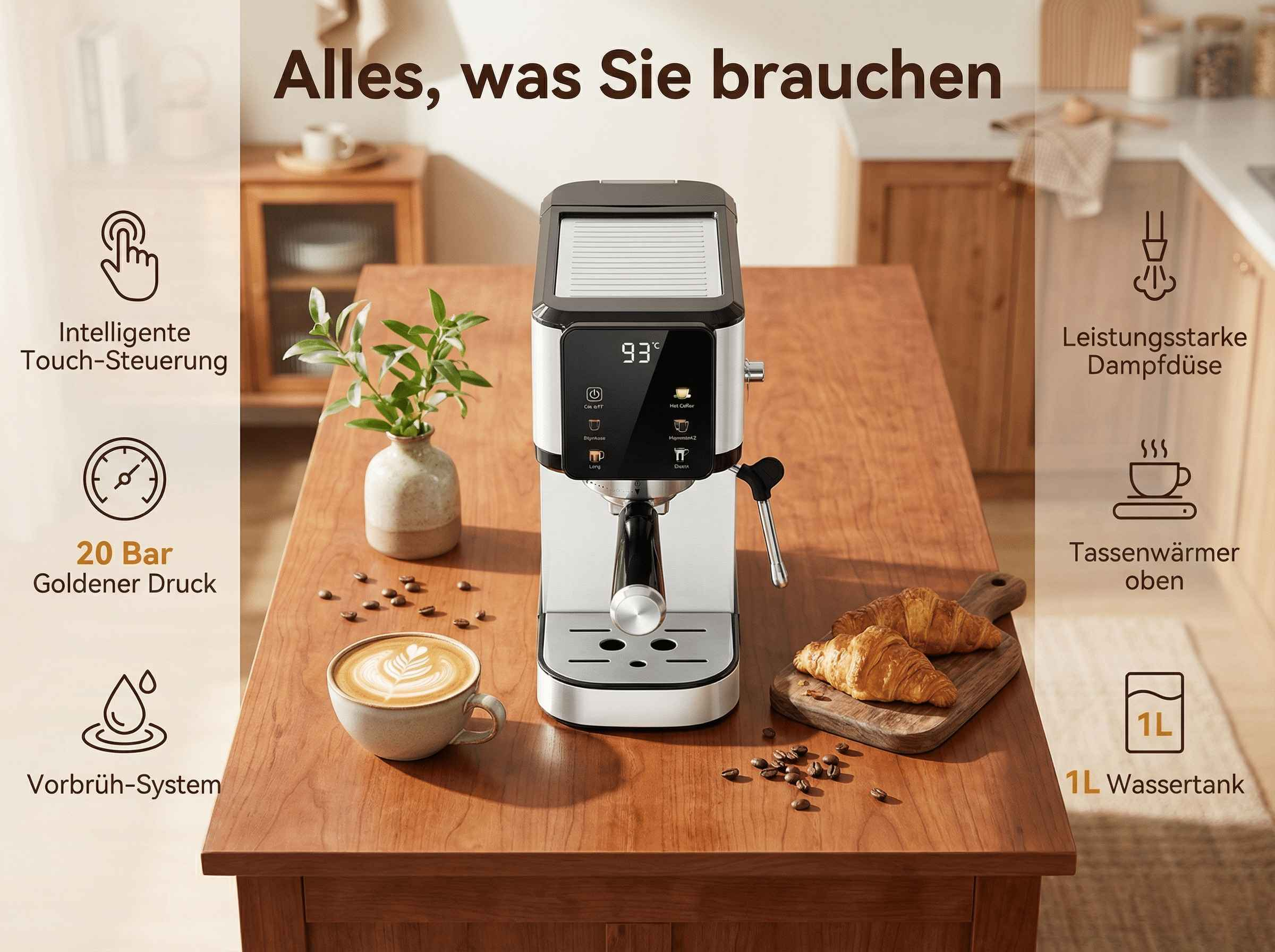 Eine Espressomaschine mit Kaffee, Croissants und Icons auf einem Holztisch.