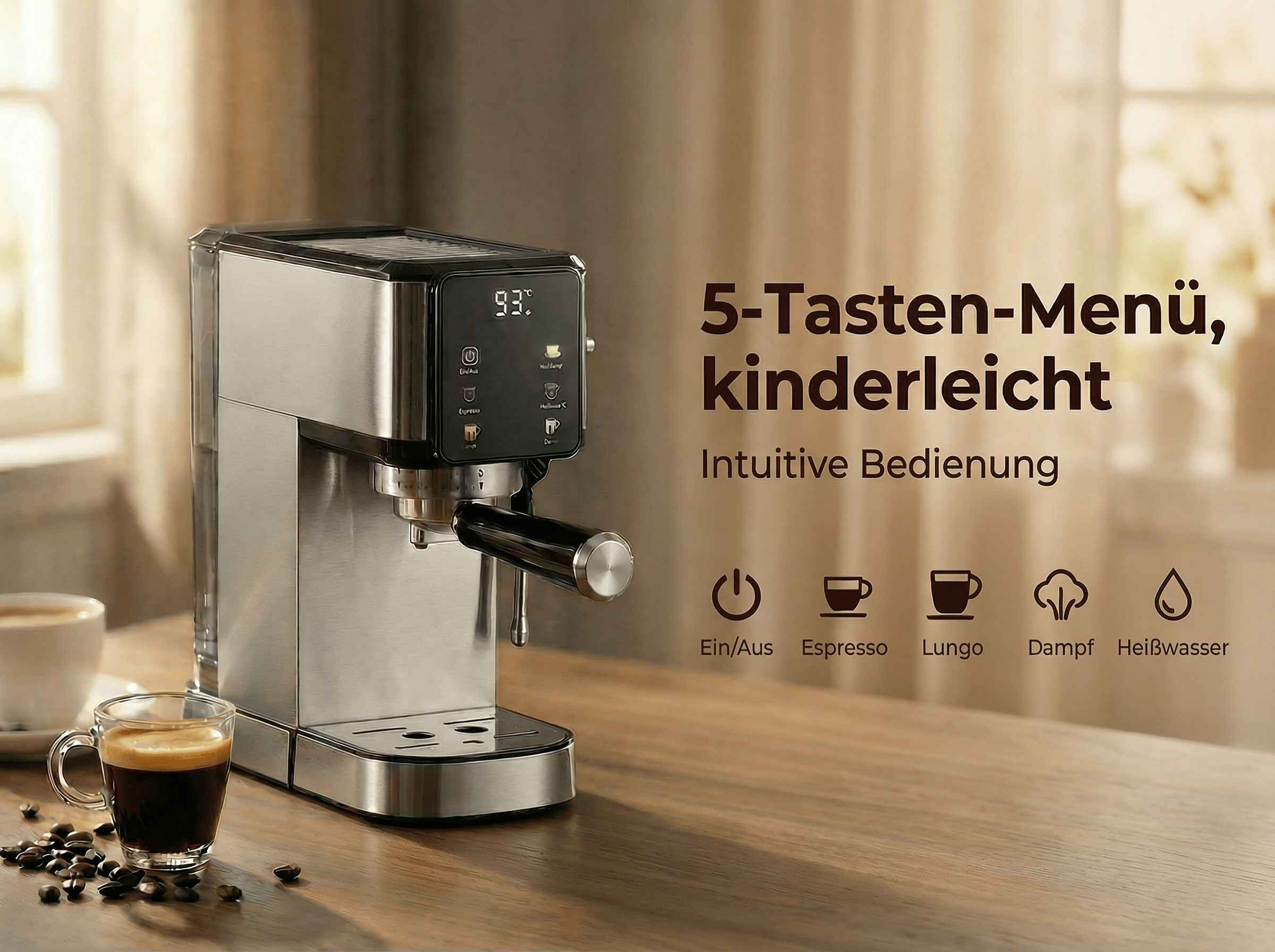 Ein silberner Espressoautomat mit einer Tasse Espresso daneben.