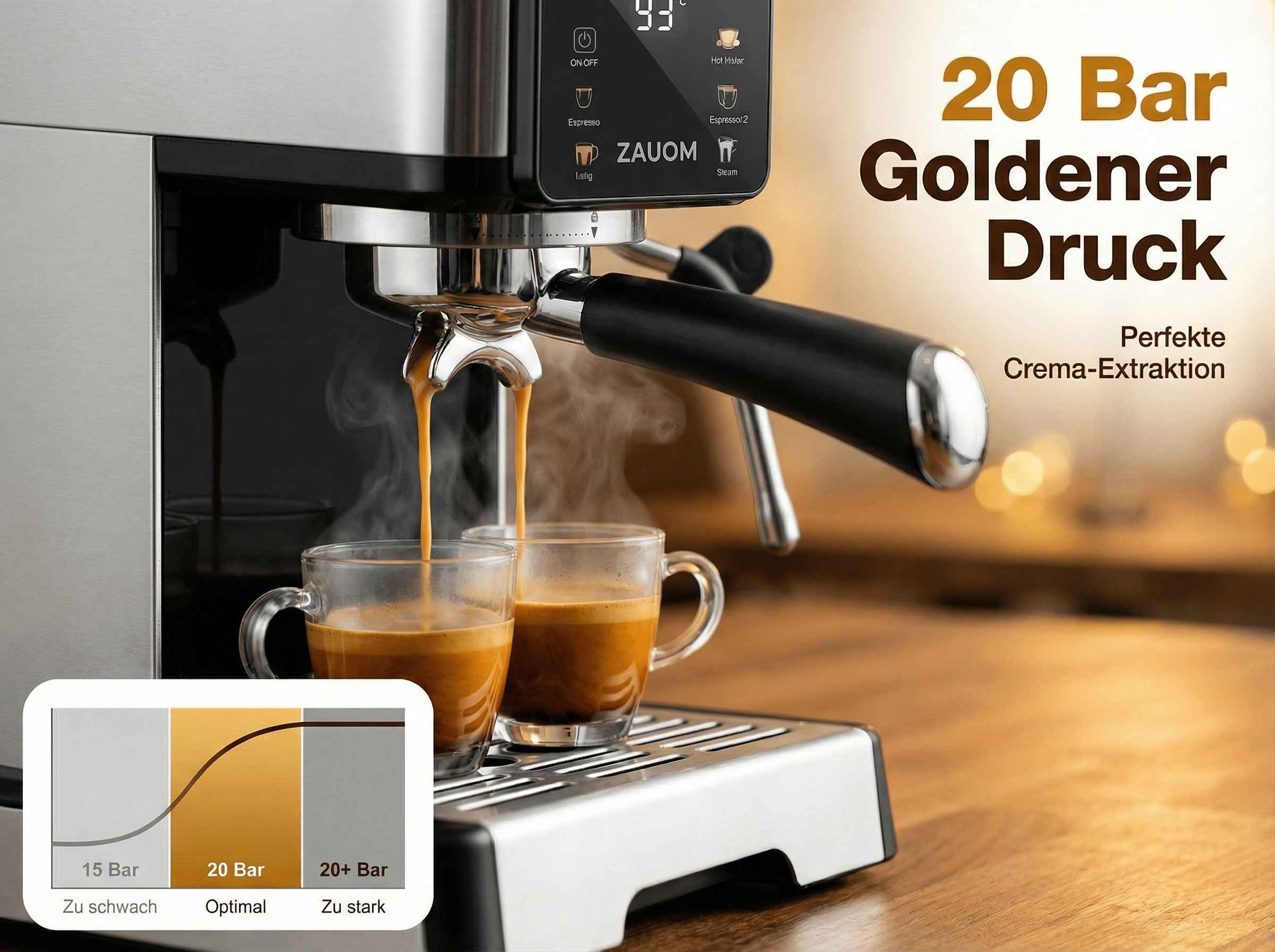 Espressomaschine brüht zwei Tassen Kaffee mit crema. Anzeige zeigt 20 Bar.