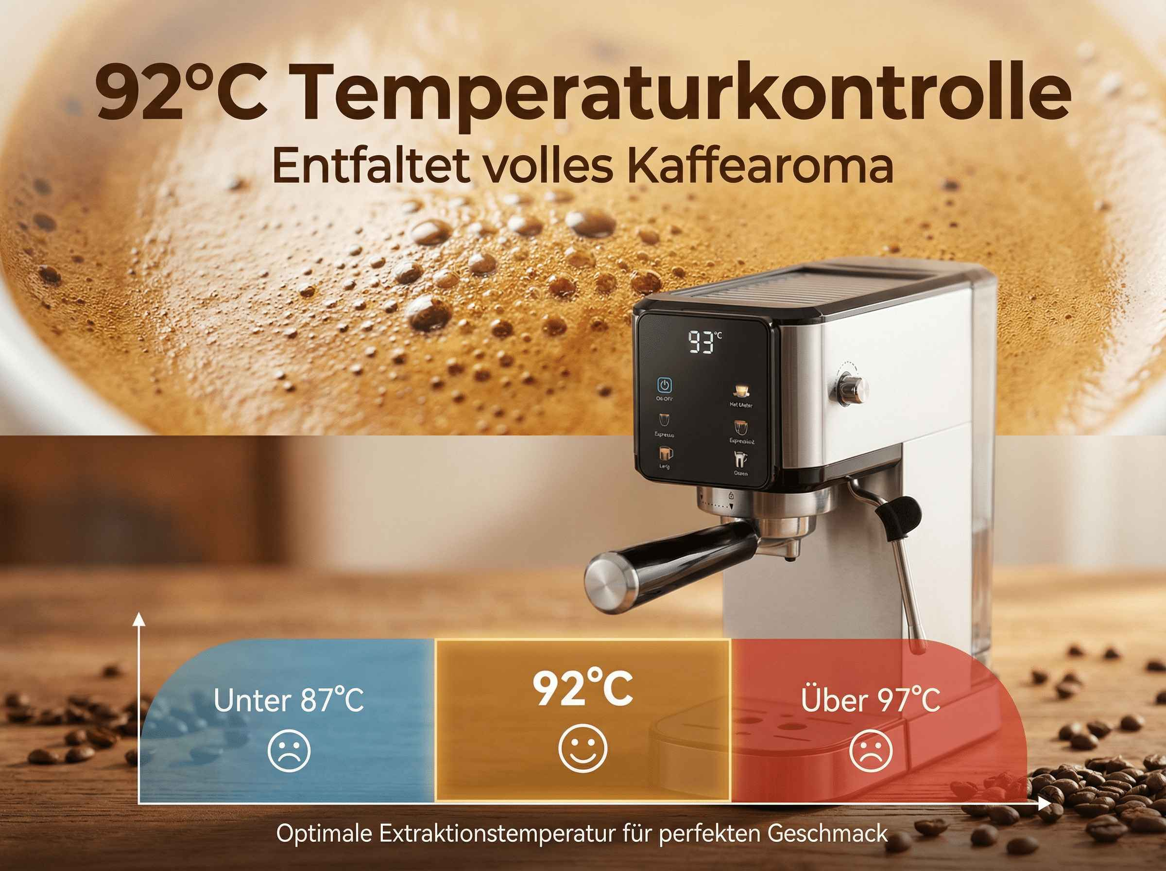 Espressomaschine mit Temperaturanzeige und Kaffeebohnen.