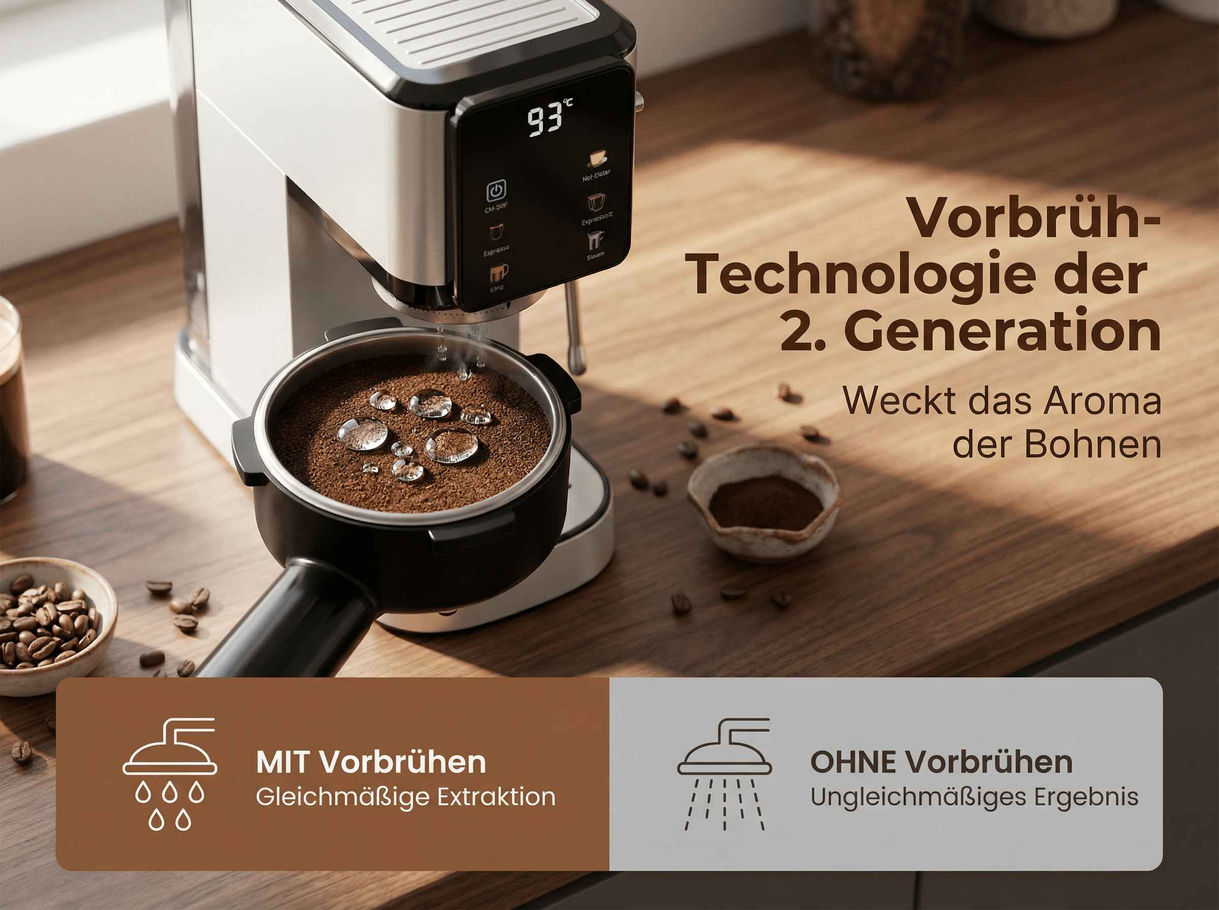 Kaffeemaschine mit Siebträger, Kaffeebohnen und Textanzeige. Mit und ohne Vorbrühen.