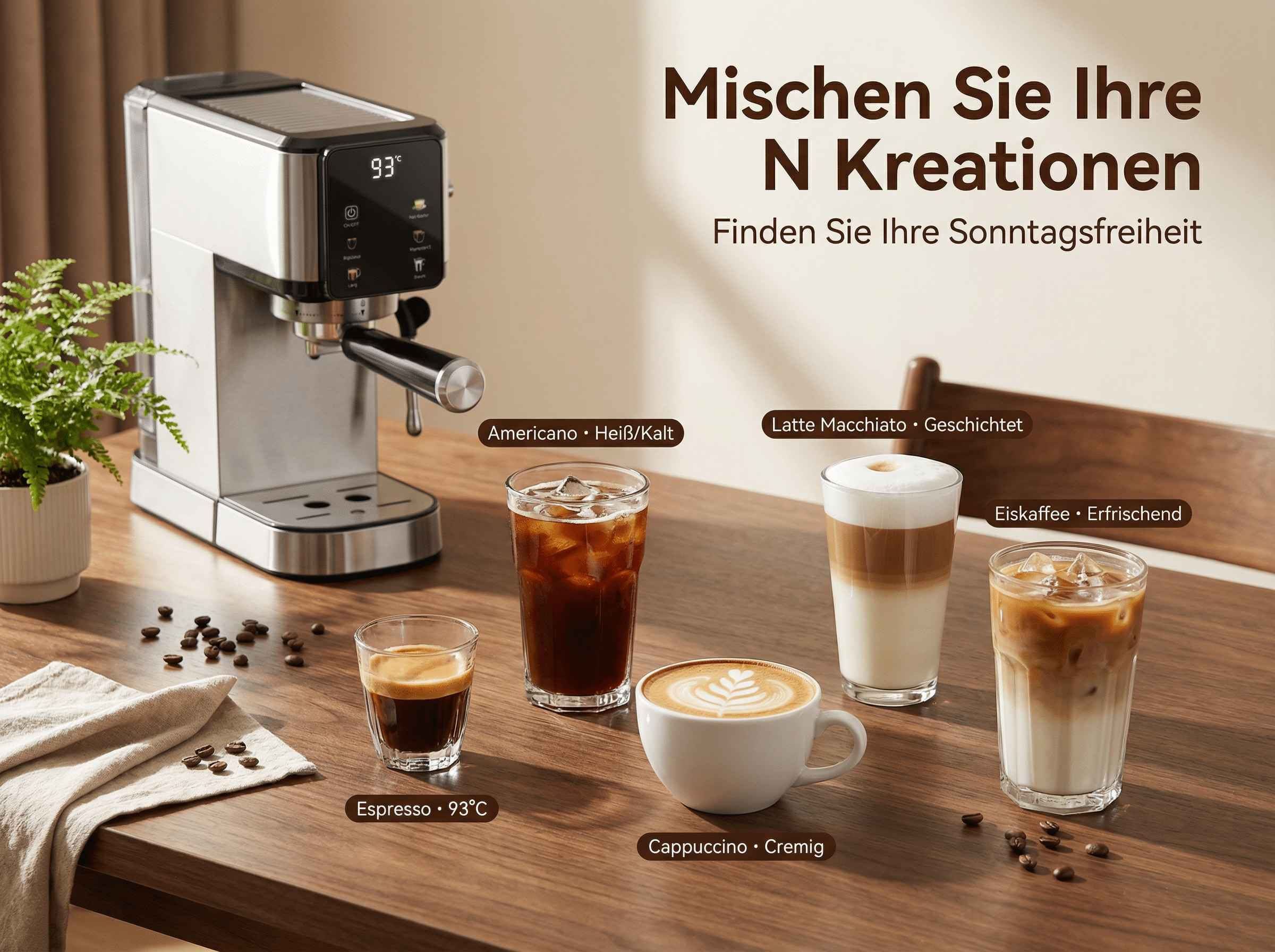 Kaffeemaschine mit verschiedenen Kaffeegetränken auf einem Holztisch.