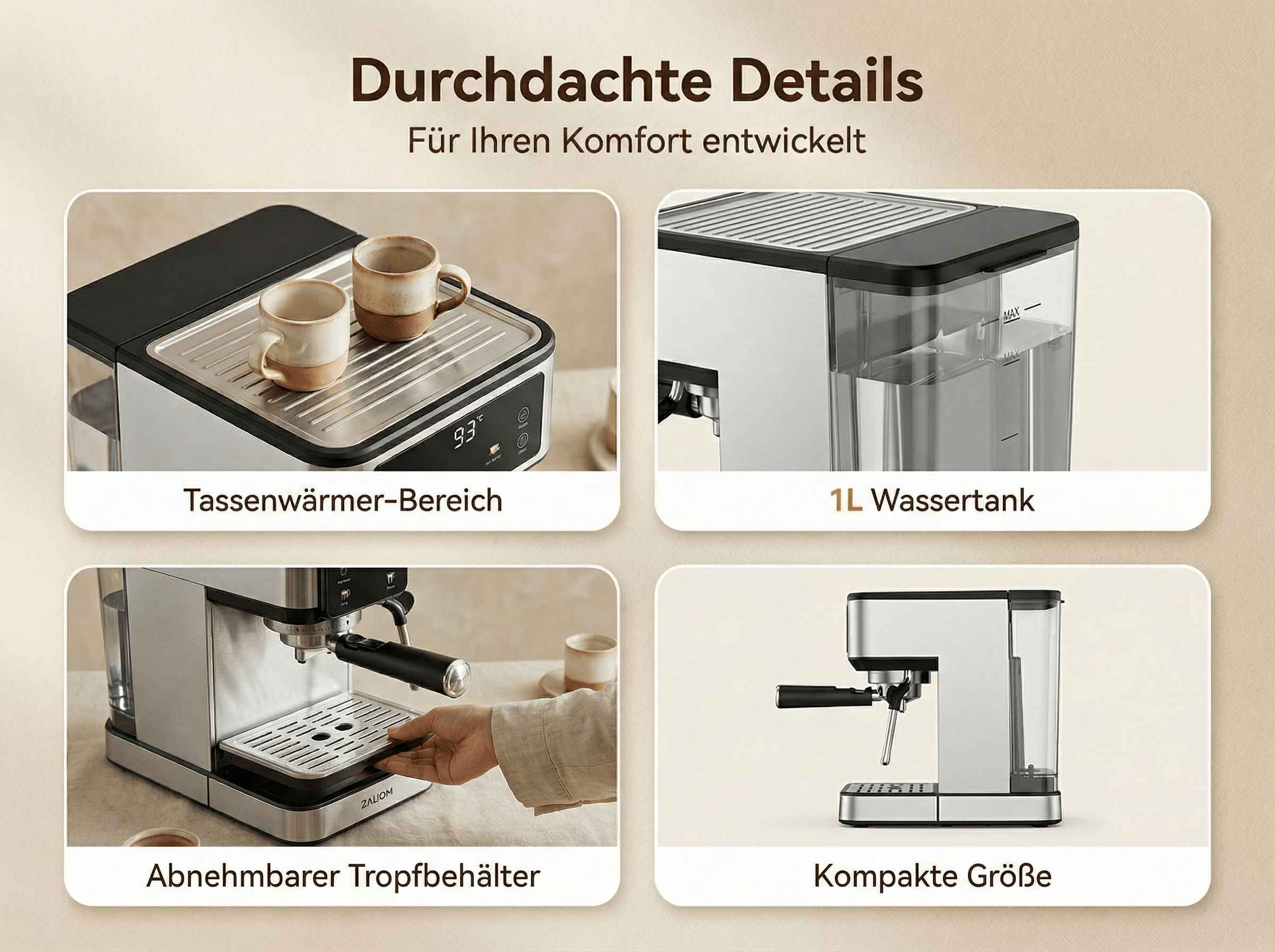 Kaffeemaschine mit Tassenwärmer, 1L Wassertank, abnehmbarem Tropfbehälter.