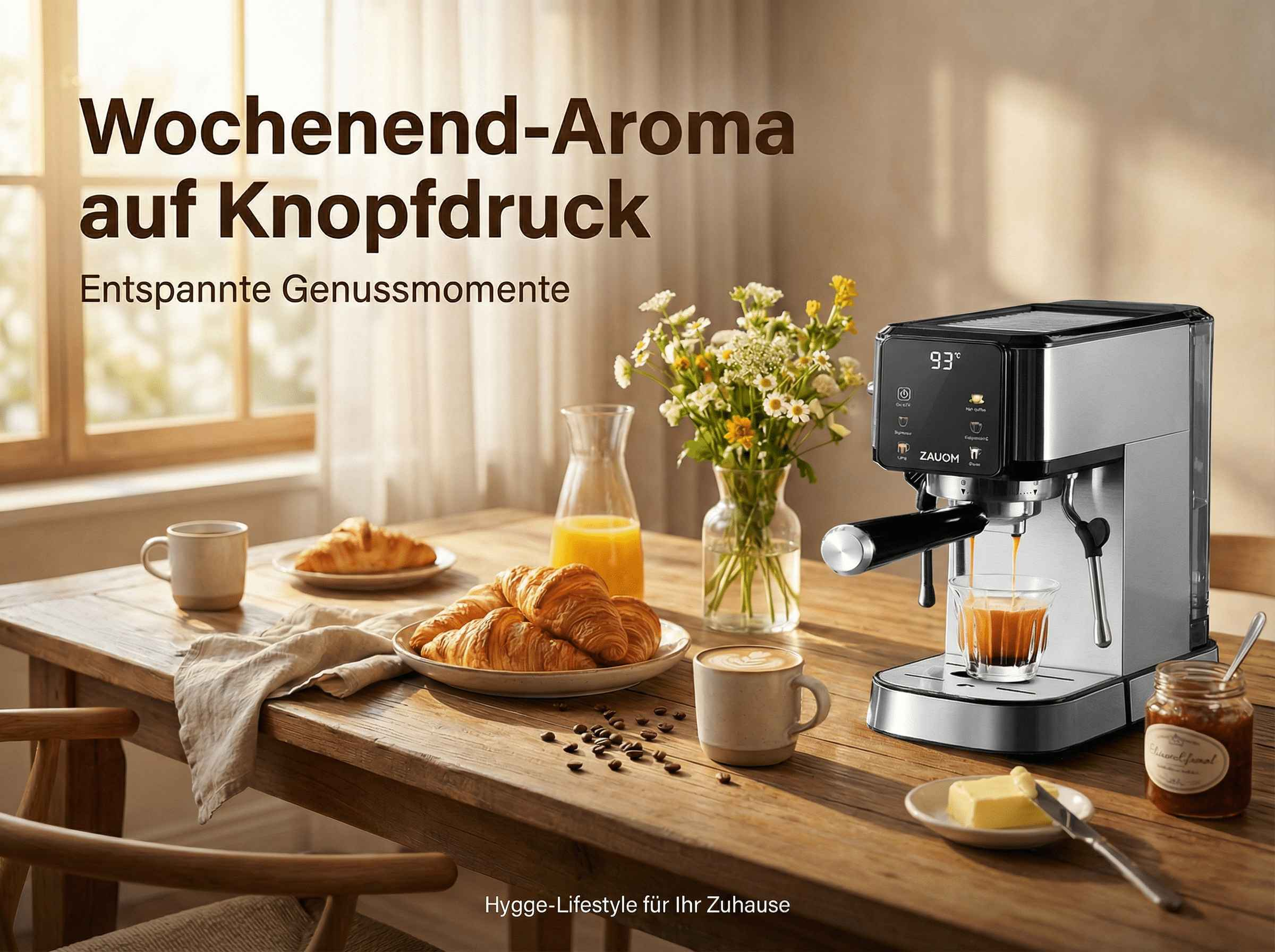 Espressomaschine brüht Kaffee auf einem Holztisch mit Croissants und Orangensaft.