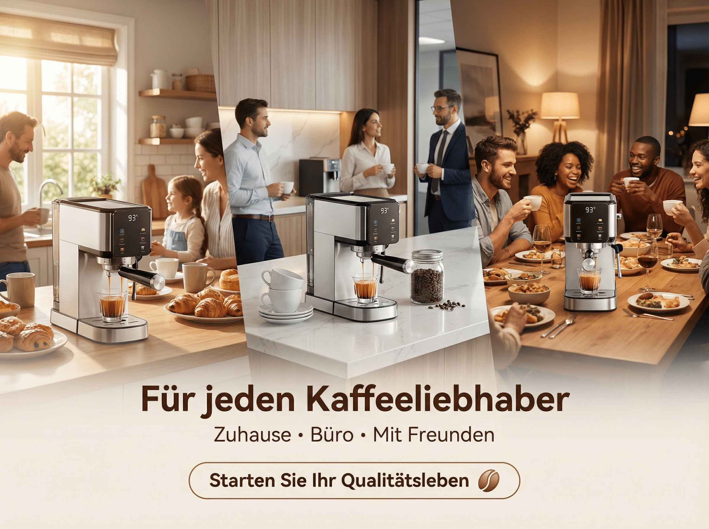 Menschen genießen Kaffee zu Hause, im Büro und mit Freunden.