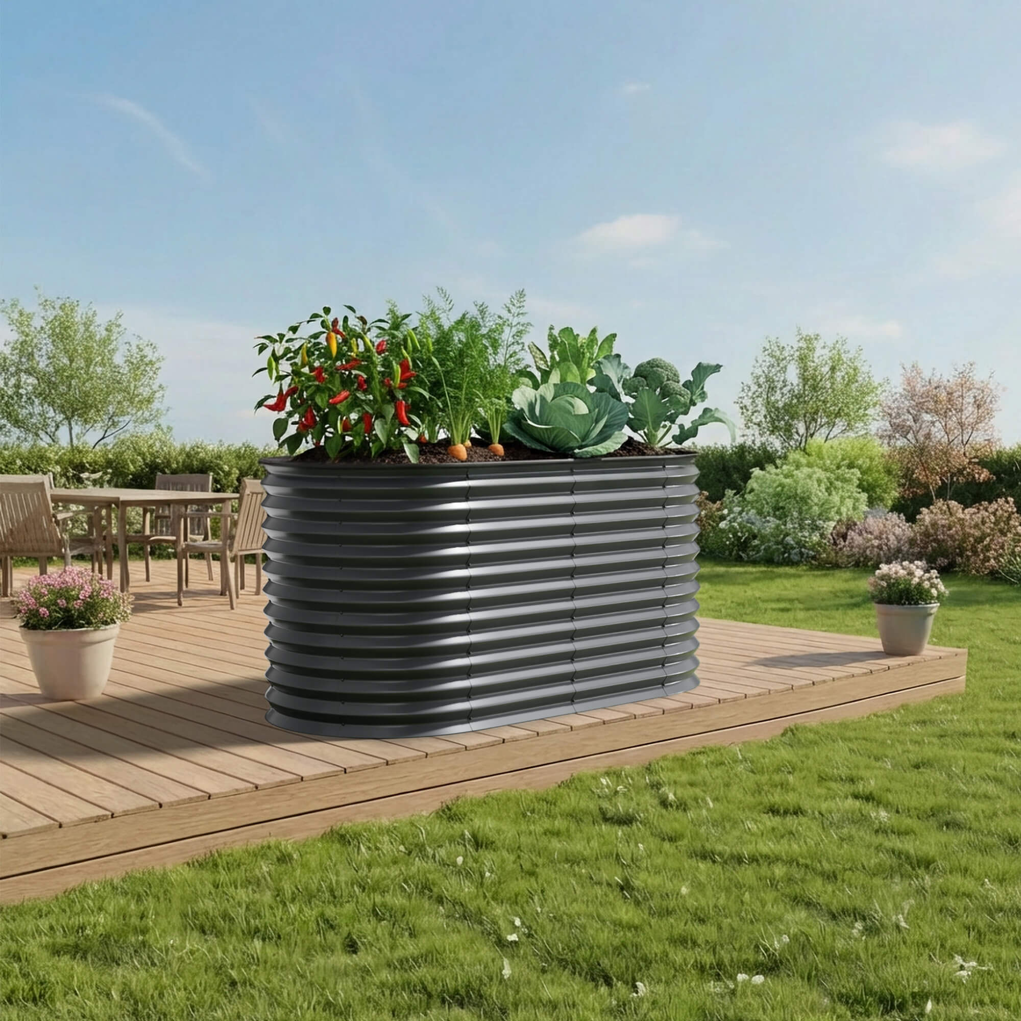 Ein Hochbeet mit Gemüse steht auf einer Holzterrasse im Garten.