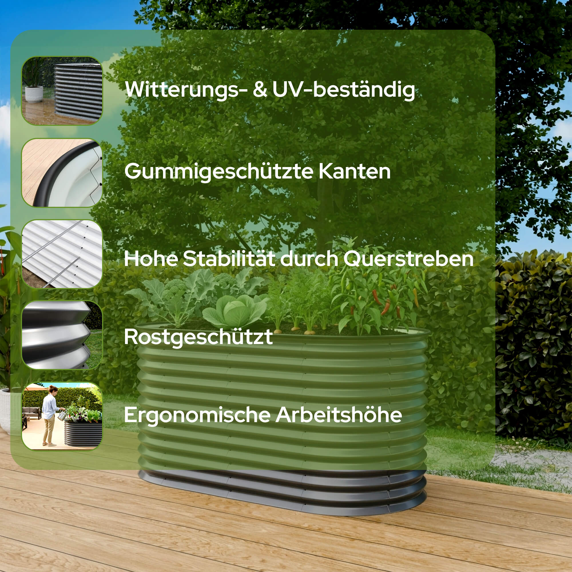 Grünes Hochbeet mit Pflanzen auf Holzdeck, wetterfest.