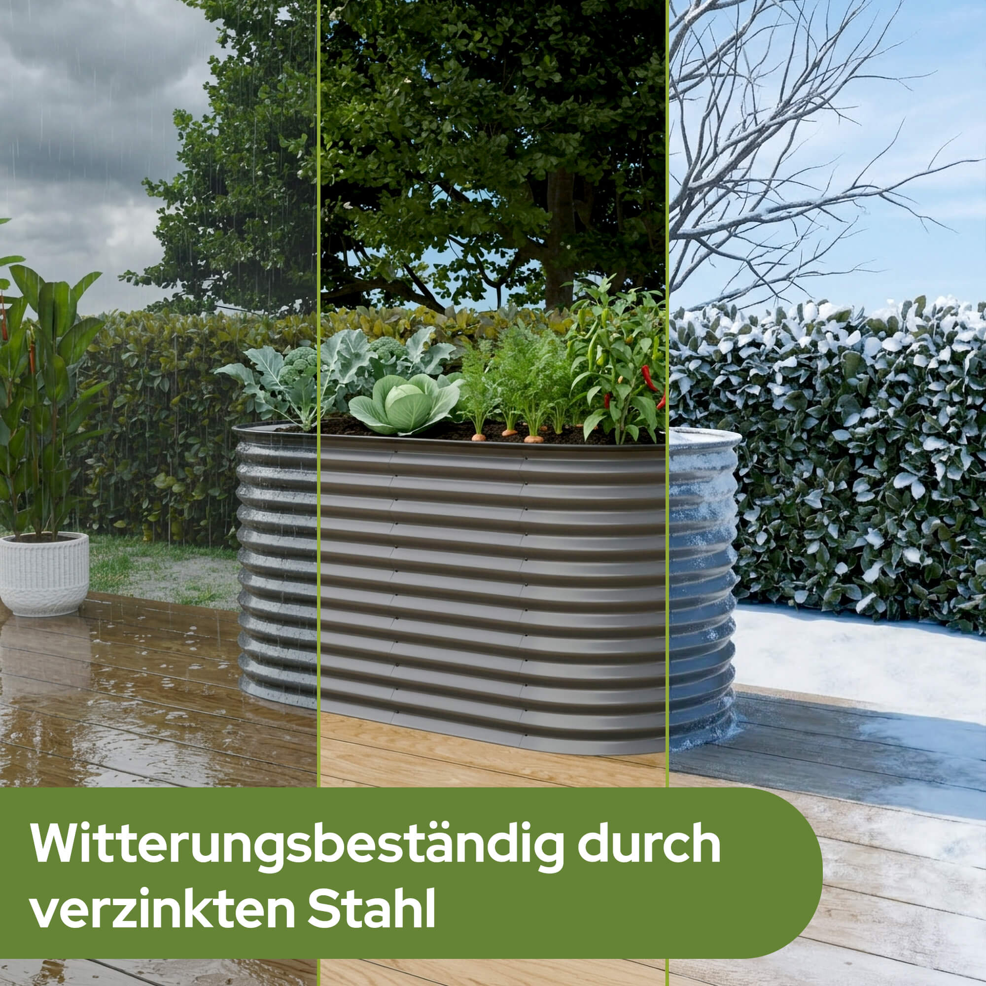 Hochbeet zeigt drei Jahreszeiten: Regen, Sonne und Schnee.