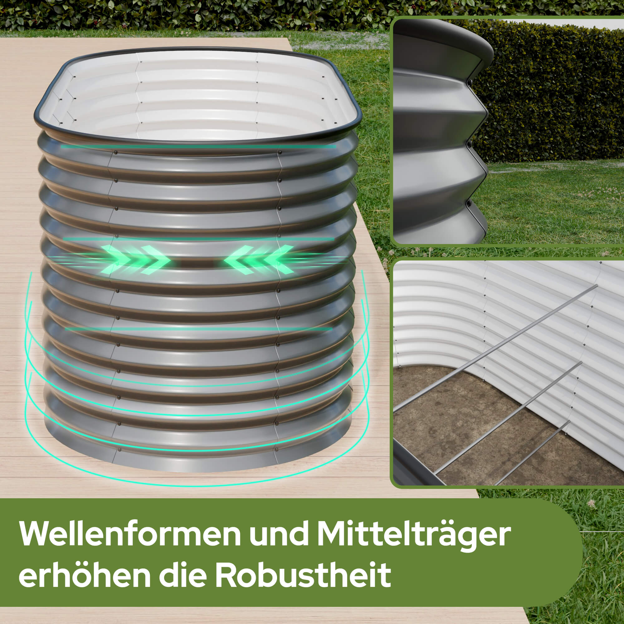 Grauer Hochbeet mit Wellenform und grünen Pfeilen, zeigt Stabilität.