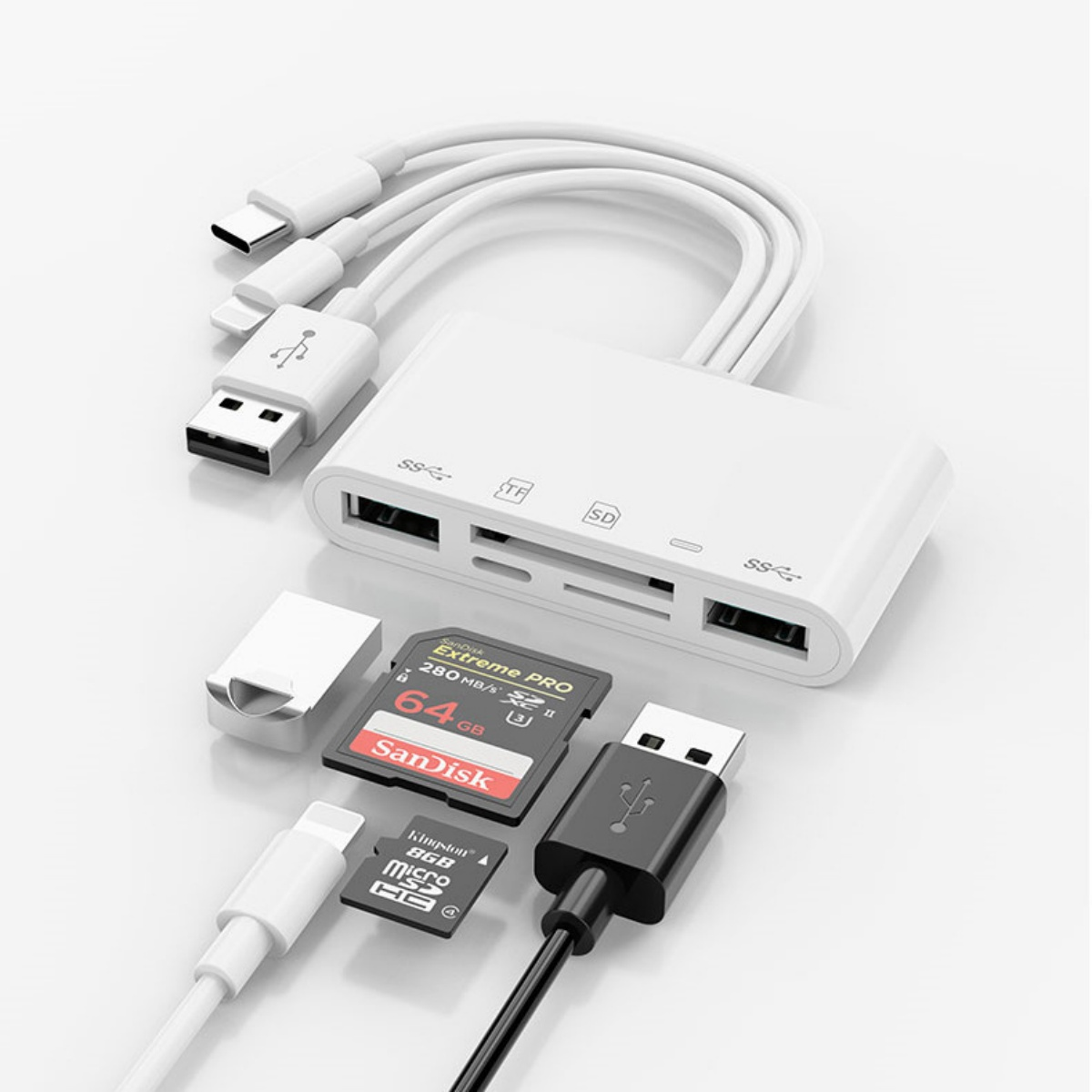 Weiße USB-Hub mit USB-C-, Lightning- und USB-A-Kabeln, SD-, TF-Kartenslots.