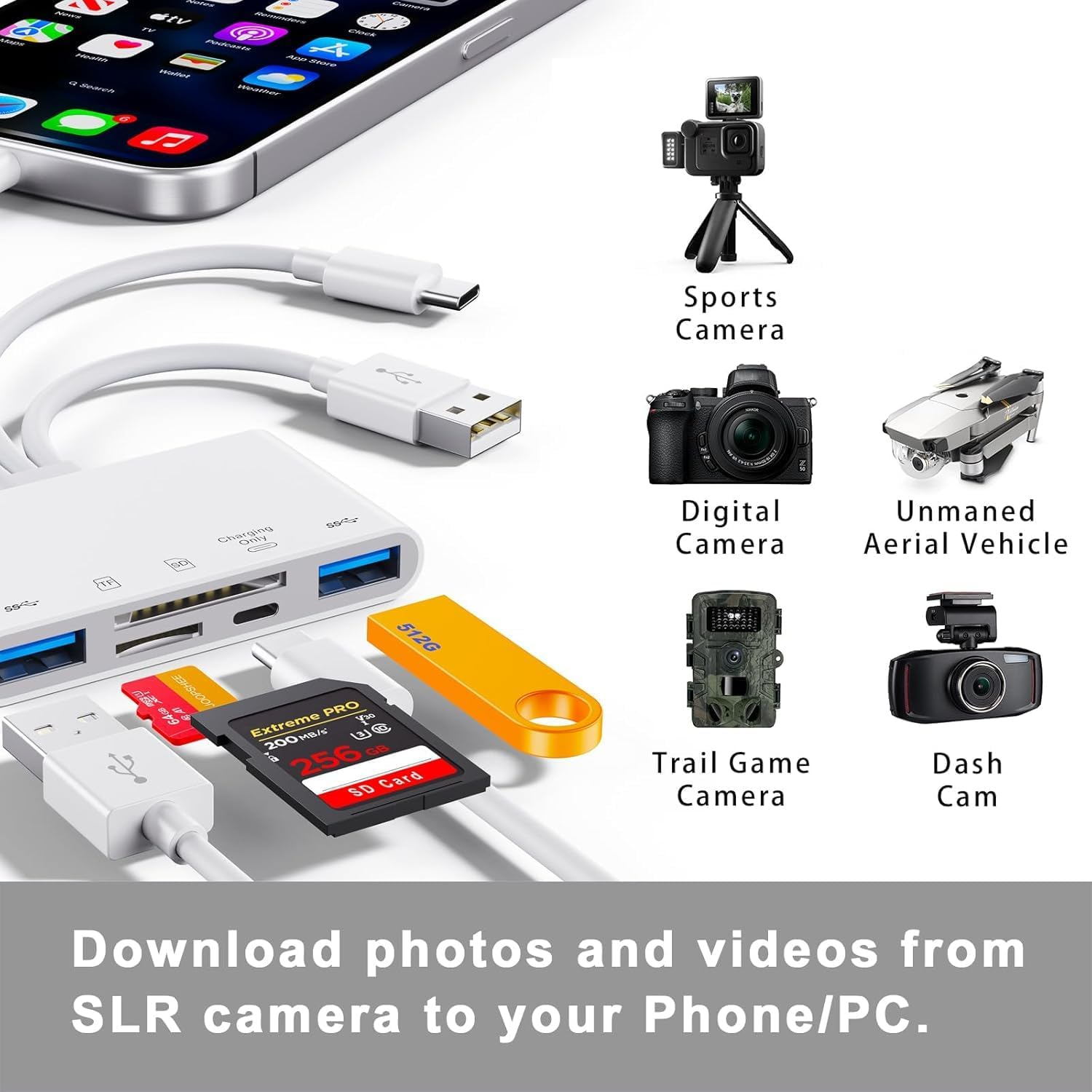Ein Smartphone mit einem USB-Hub, Speicherkarten und Kameras.