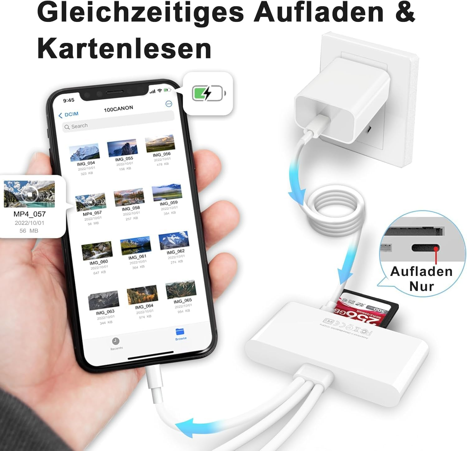 Ein Smartphone zeigt eine Fotogalerie; ein Ladekabel ist angeschlossen.