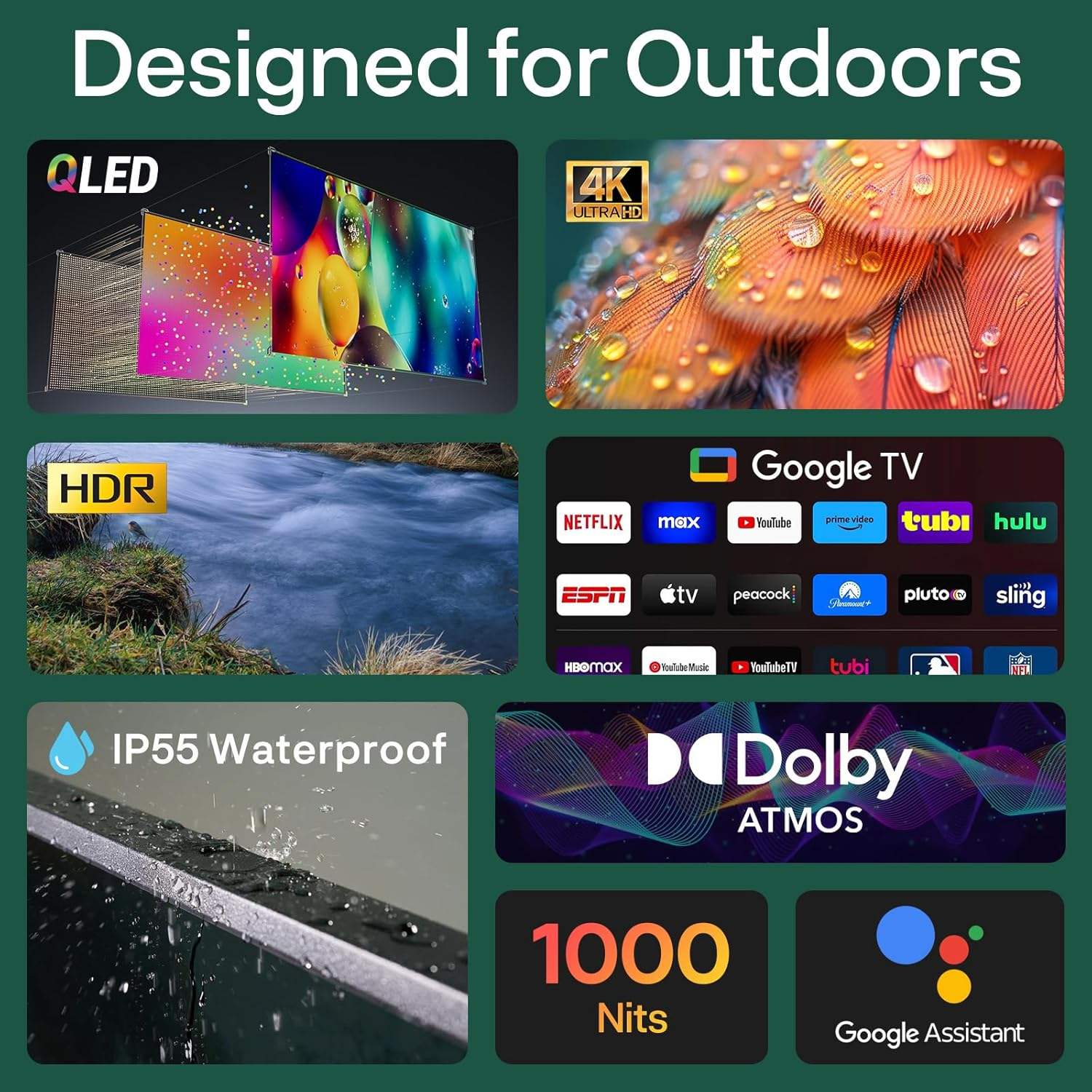 Ein Fernsehgerät mit QLED, 4K HDR, Google TV, Dolby Atmos, IP55 und 1000 Nits.
