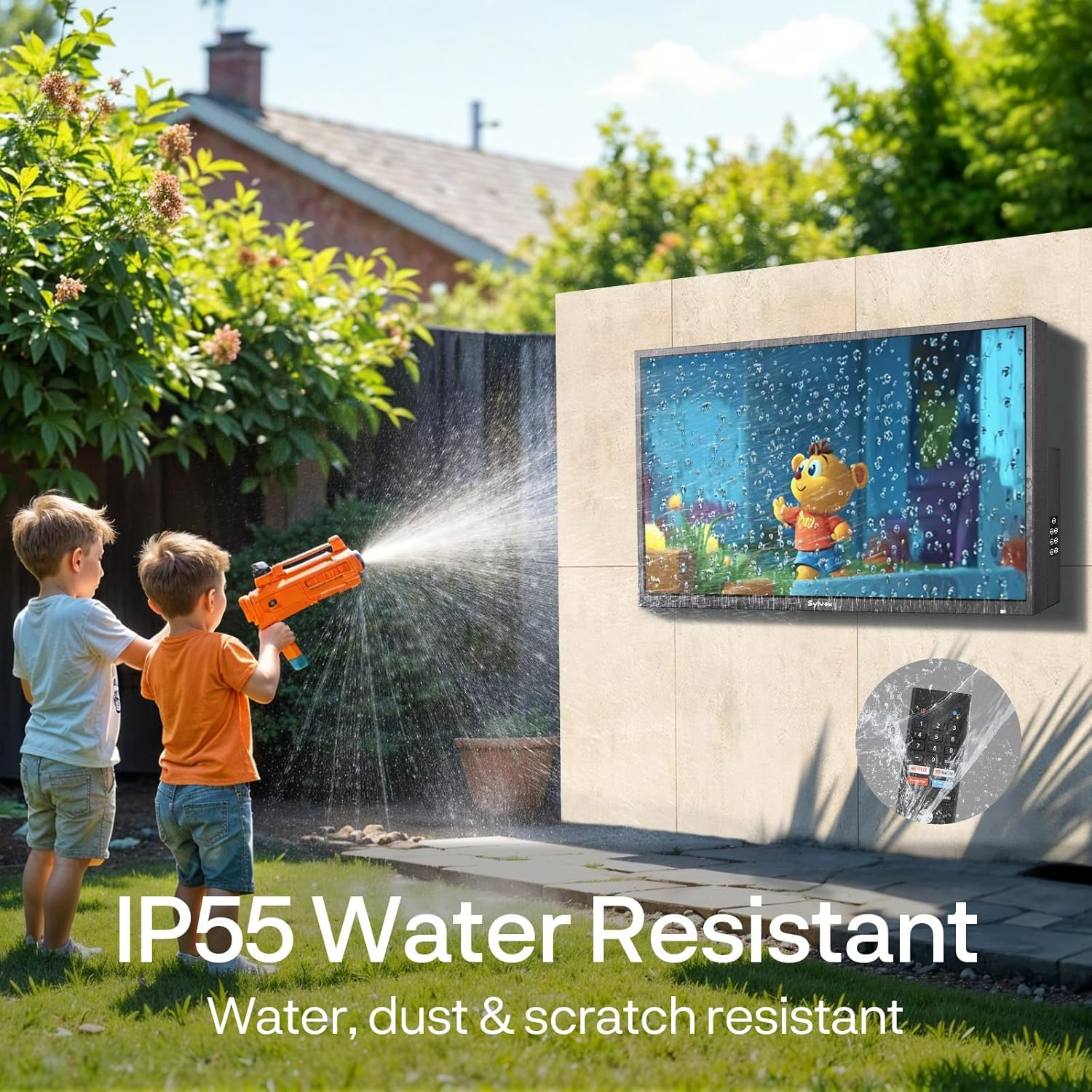 Zwei Jungen spielen im Garten mit einer Wasserpistole, während ein Fernseher mit Regentropfen gezeigt wird.