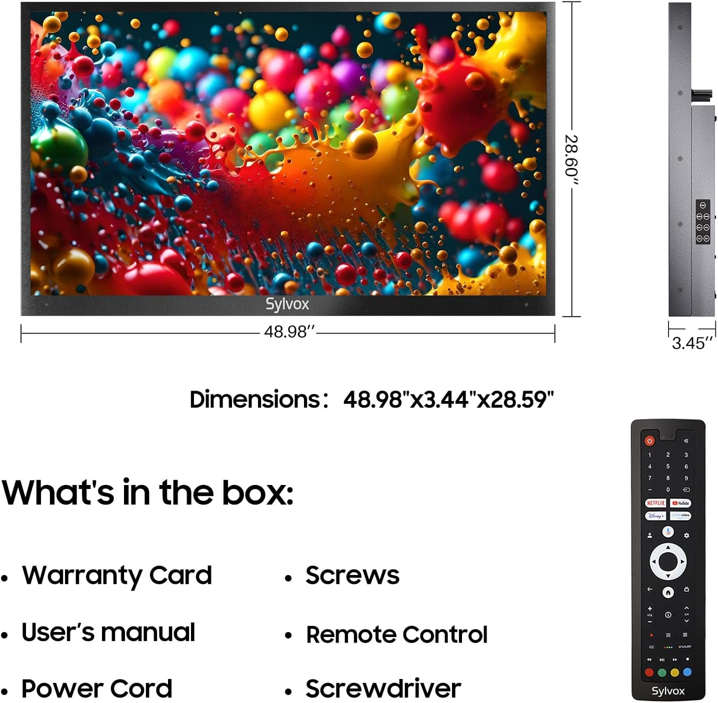 Ein großer Fernseher mit buntem, spritzendem Bildschirmdesign und Fernbedienung.