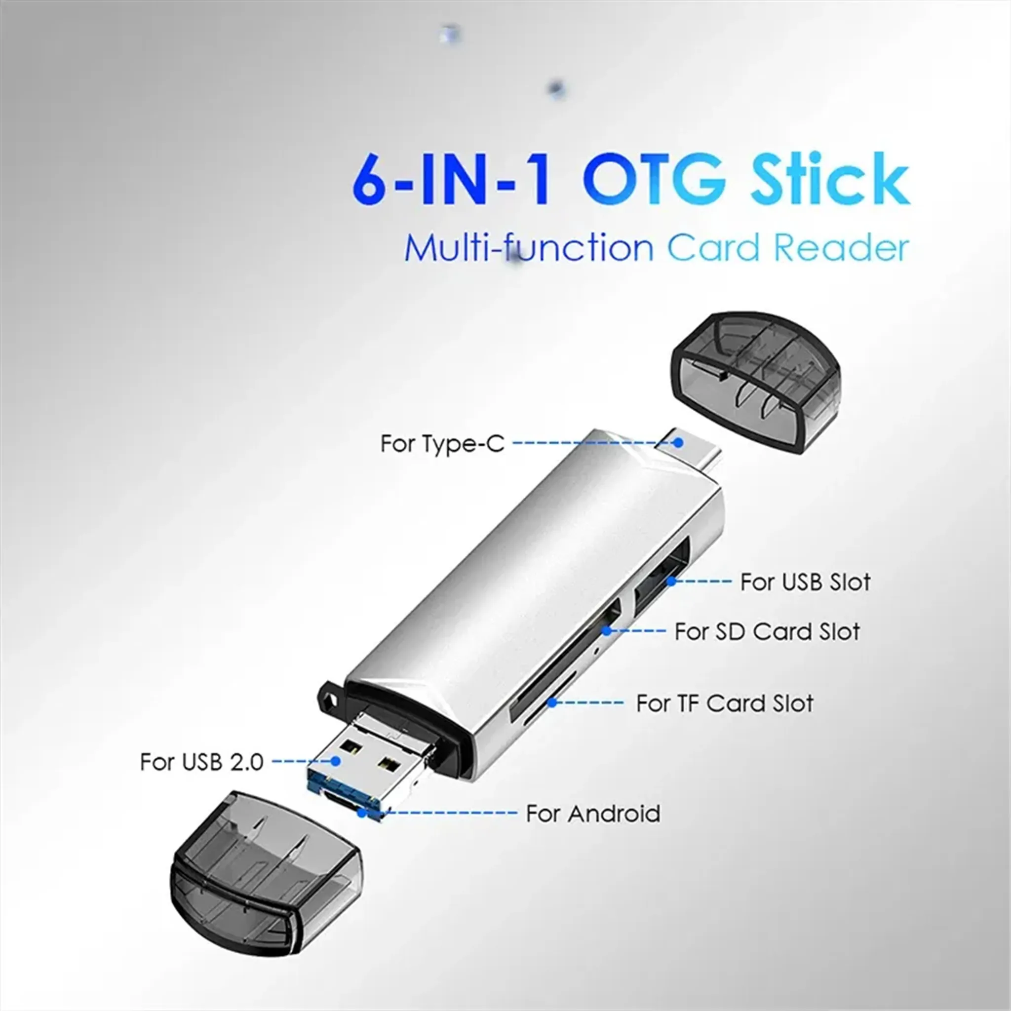 Silberner 6-in-1 OTG-Stick mit Anschlüssen für Typ-C, USB 2.0, SD-Karte, TF-Karte und Android.