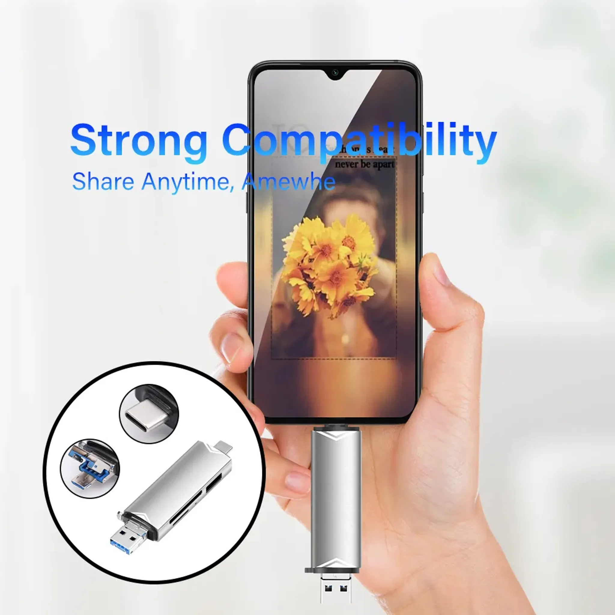 Ein silberner Kartenleser mit USB-C-Anschluss wird in ein Smartphone gesteckt.