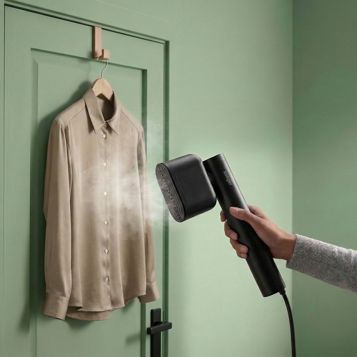 A black garment steamer is used to iron a beige blouse on a green door.