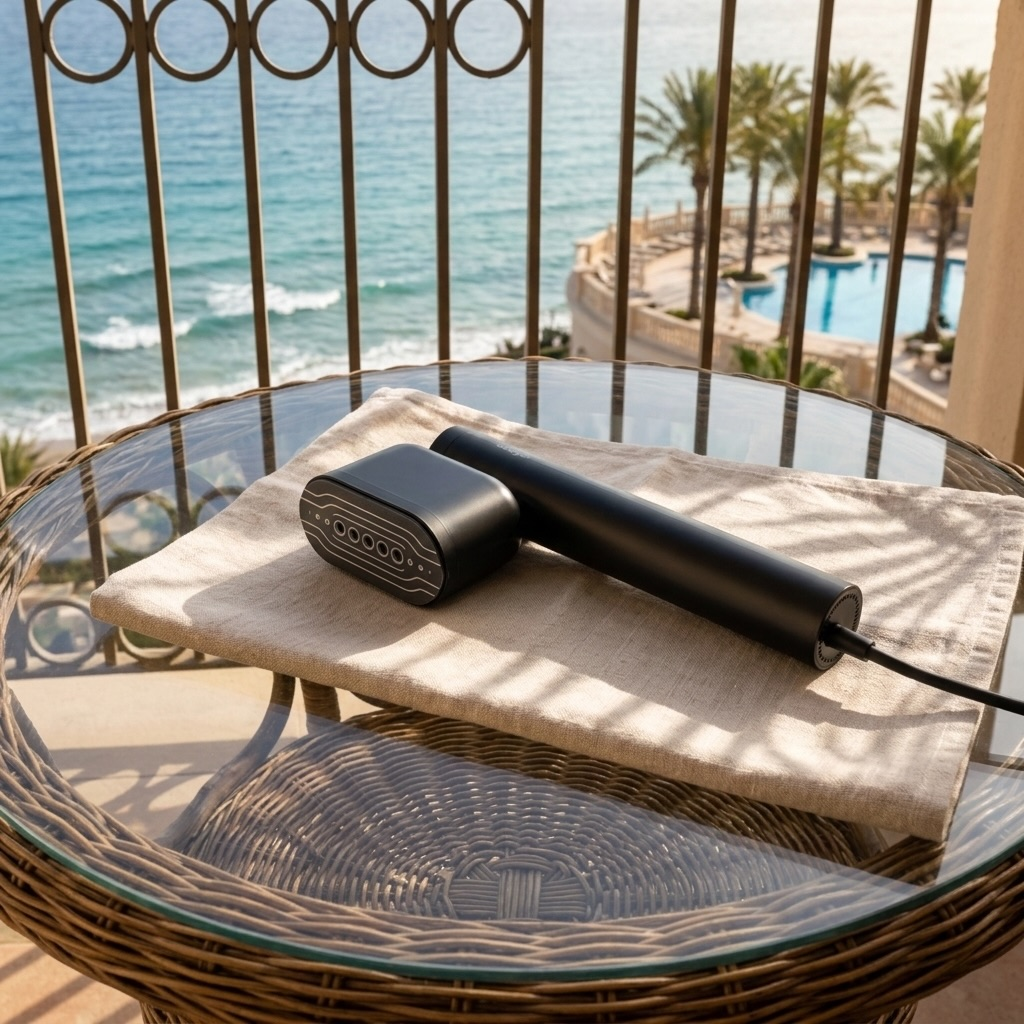 Black massage device on a table by the sea with a pool in the background.
