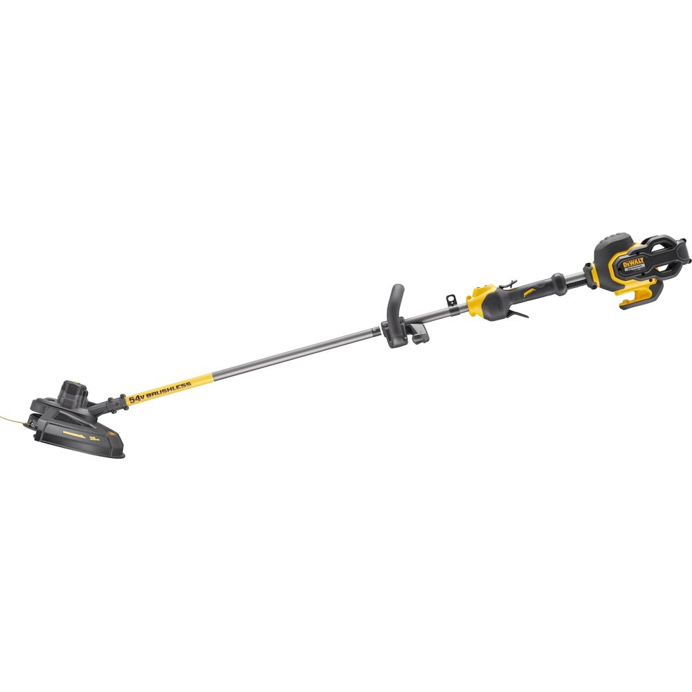 Schwarzer Akku-Trimmer mit gelben Akzenten und langer Stange.