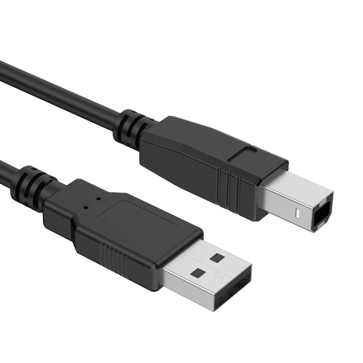 Ein schwarzes USB-Kabel mit Standard-A- und B-Steckern.