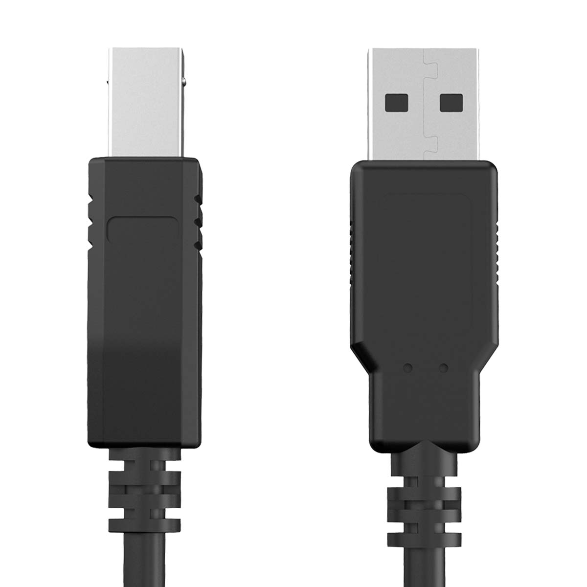 Zwei schwarze USB-Kabelstecker, Typ A und Typ B, nebeneinander.