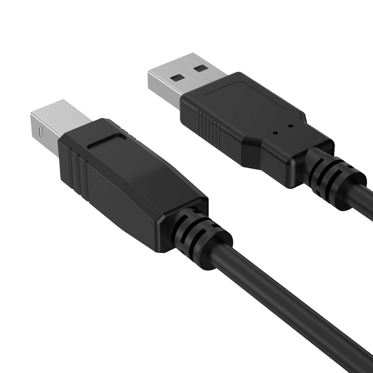 Ein schwarzes USB-Kabel mit zwei verschiedenen Anschlüssen, auf weißem Hintergrund.
