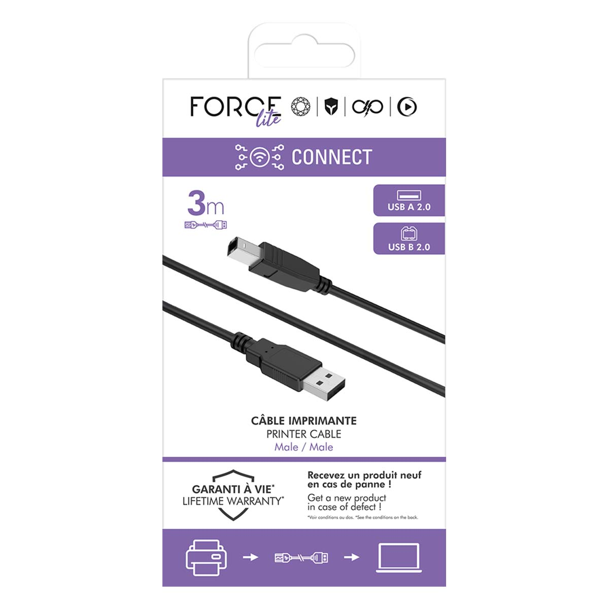 Verpackung eines schwarzen 3m USB-A-zu-USB-B-Druckerkabels.