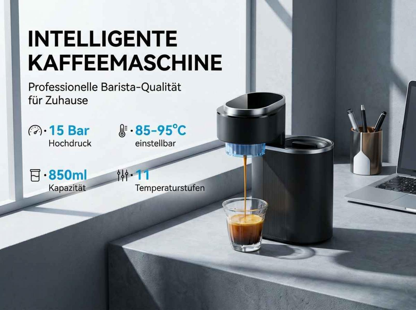 Intelligente Kaffeemaschine brüht Kaffee in ein Glas. 15 Bar, 850ml Kapazität.
