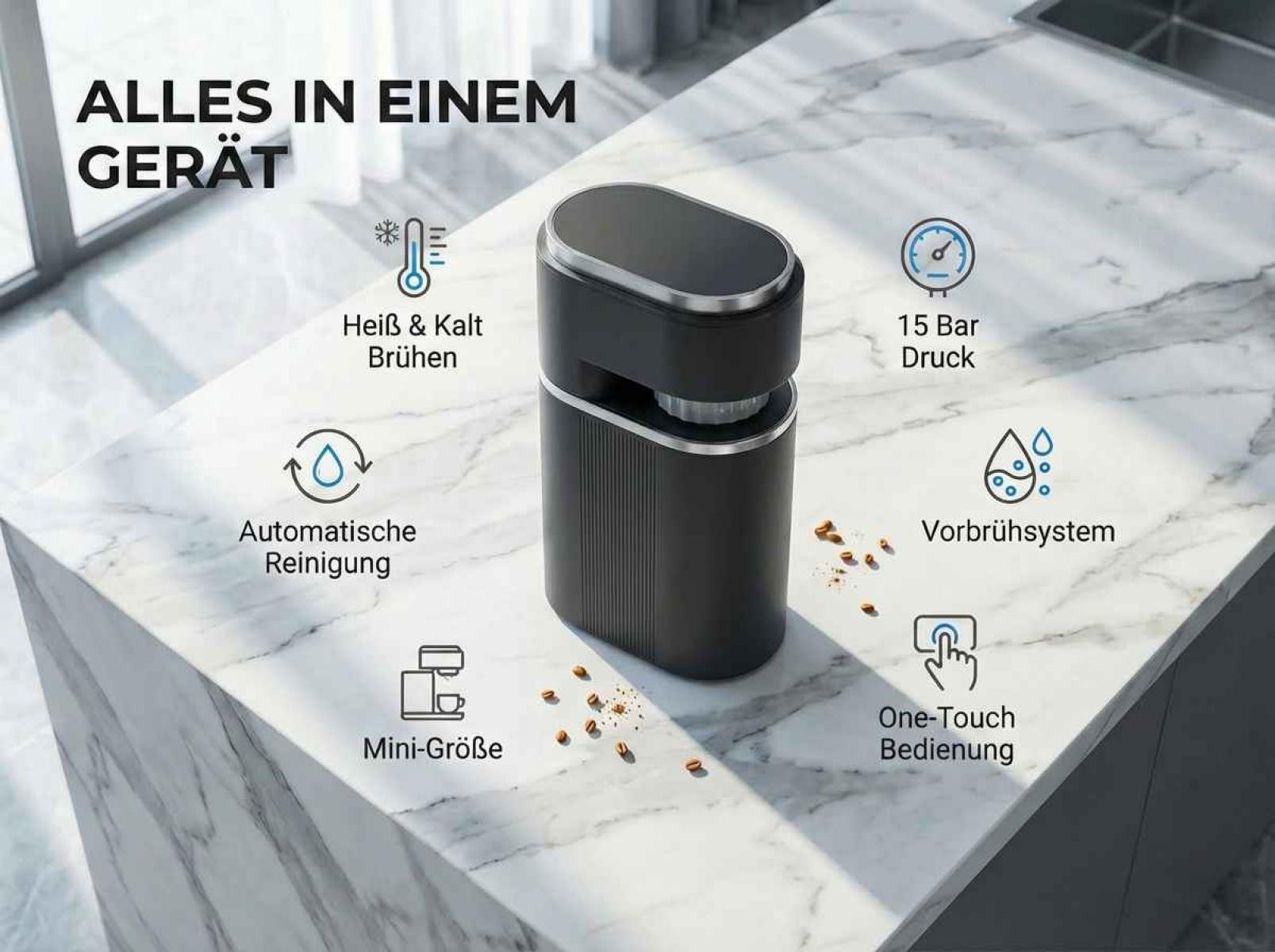 Kaffeemaschine mit Symbolen für Heiß-/Kaltbrühen, Reinigung, Größe, Druck.
