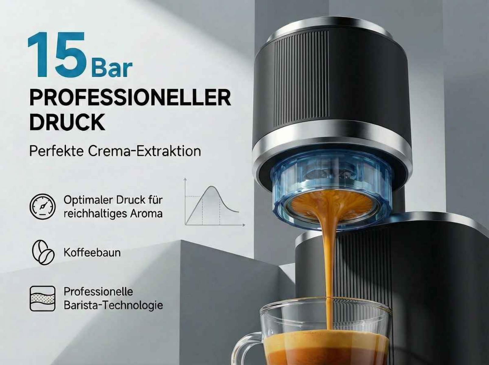 Espressomaschine mit 15 Bar Druck, die heißen Kaffee in eine Tasse füllt.
