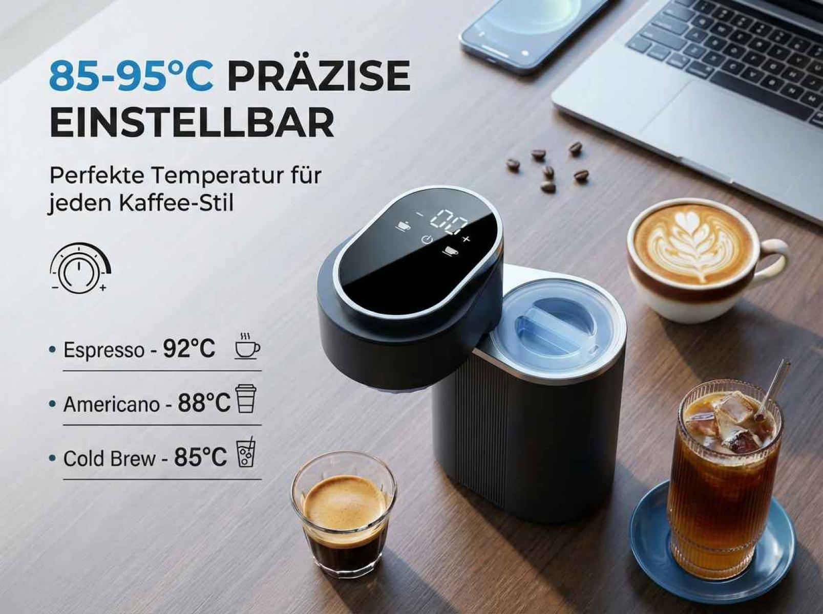 Kaffeemaschine mit digitaler Anzeige, daneben Kaffee in Tassen und Glas.