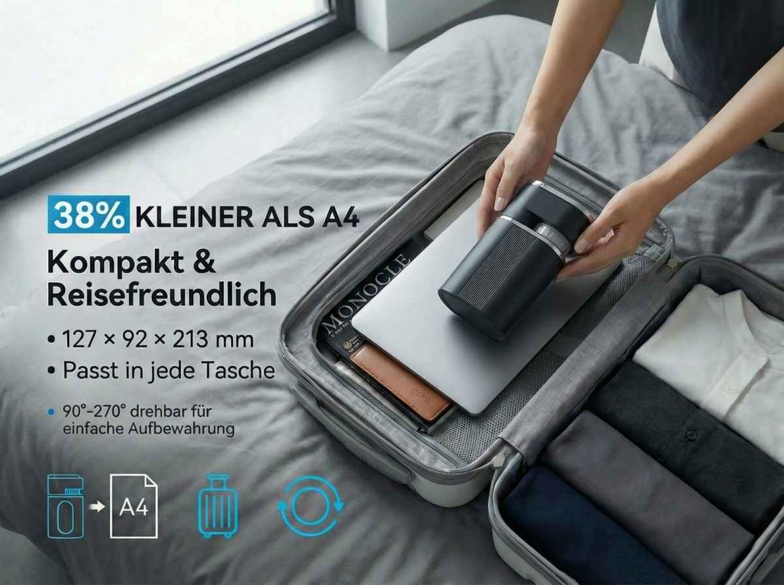 Person packt schwarzen Lautsprecher in einen Koffer mit Laptop und Kleidung.