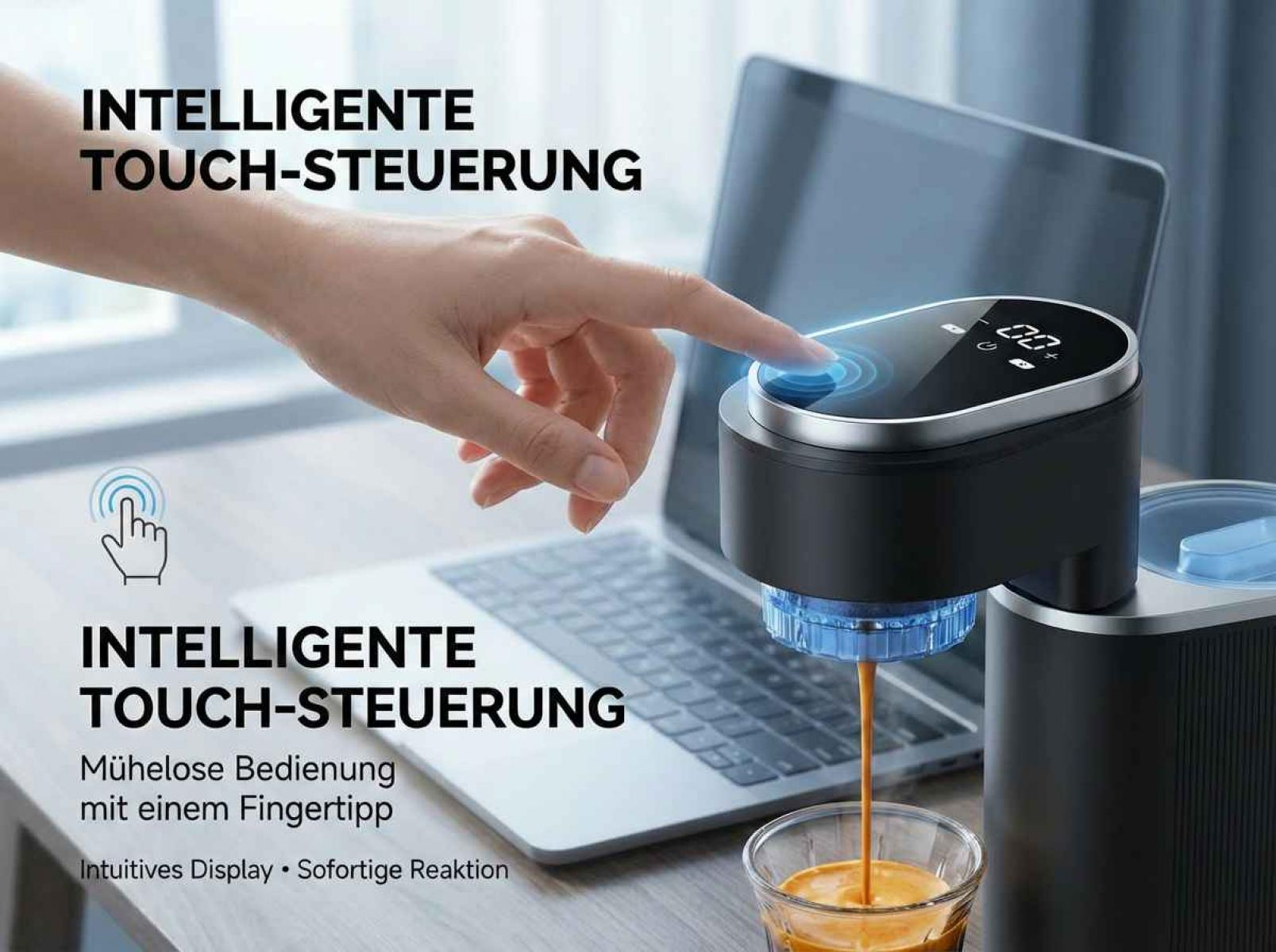 Eine Hand bedient eine Kaffeemaschine mit Touch-Steuerung neben einem Laptop.