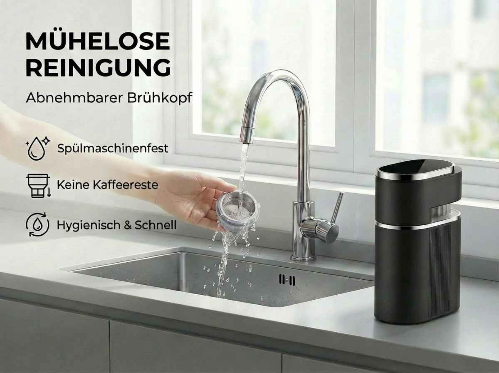 Eine Hand reinigt einen Kaffeefilter unter fließendem Wasser in der Spüle.