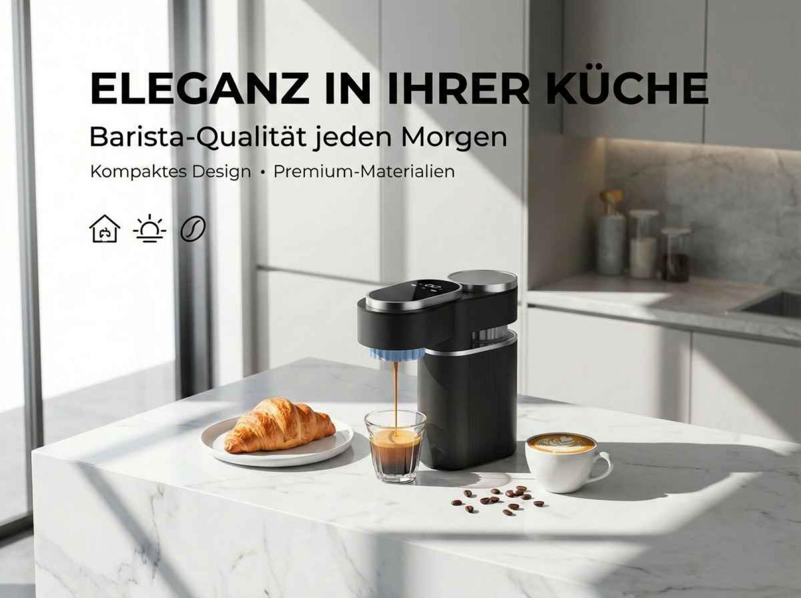 Kaffeemaschine brüht Espresso neben Croissant und Cappuccino.