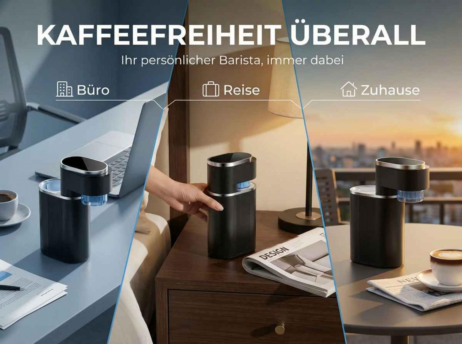 Kaffeemaschine in drei Szenarien: Büro, Reise und Zuhause, mit Texten.