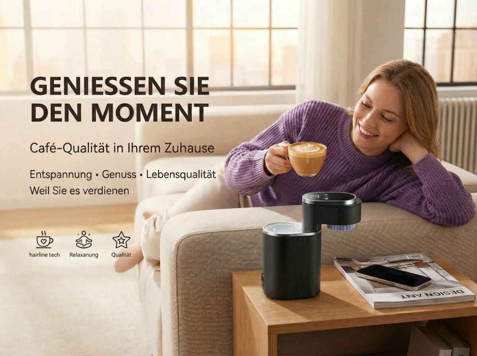 Eine Frau sitzt auf einem Sofa und genießt eine Kaffeespezialität.