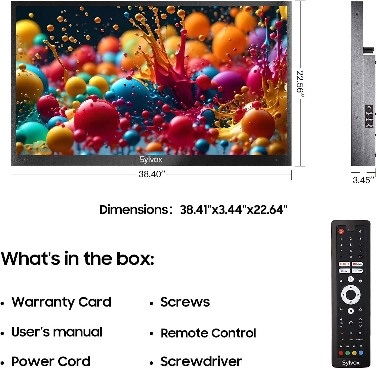 TV Sylvox con pantalla abstracta colorida, dimensiones y mando a distancia.
