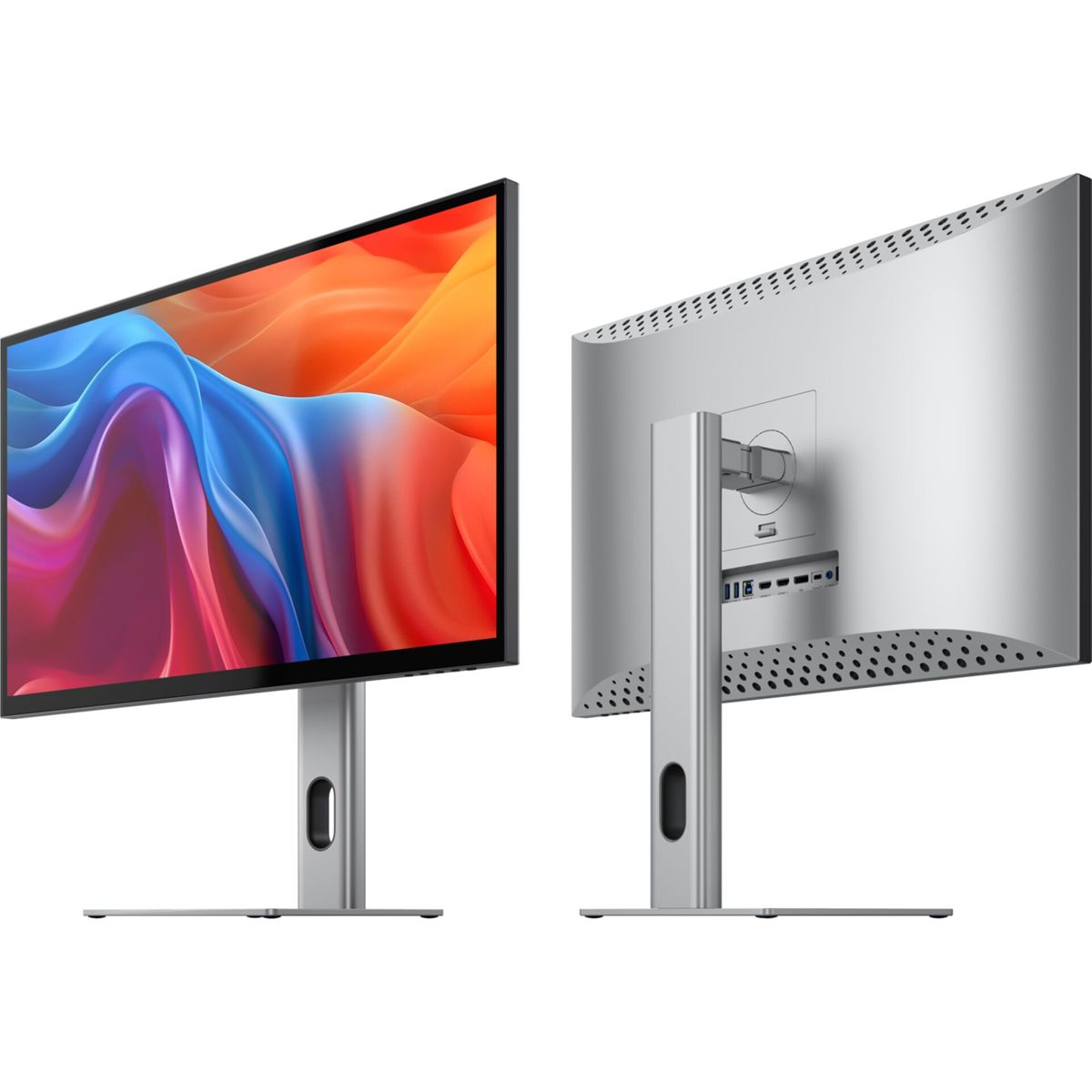 Silberner Monitor mit farbigem Hintergrund und Anschlüssen auf der Rückseite.