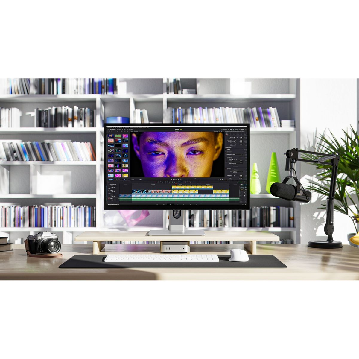 Ein Monitor zeigt ein Gesicht, umgeben von Büchern und Ausrüstung.