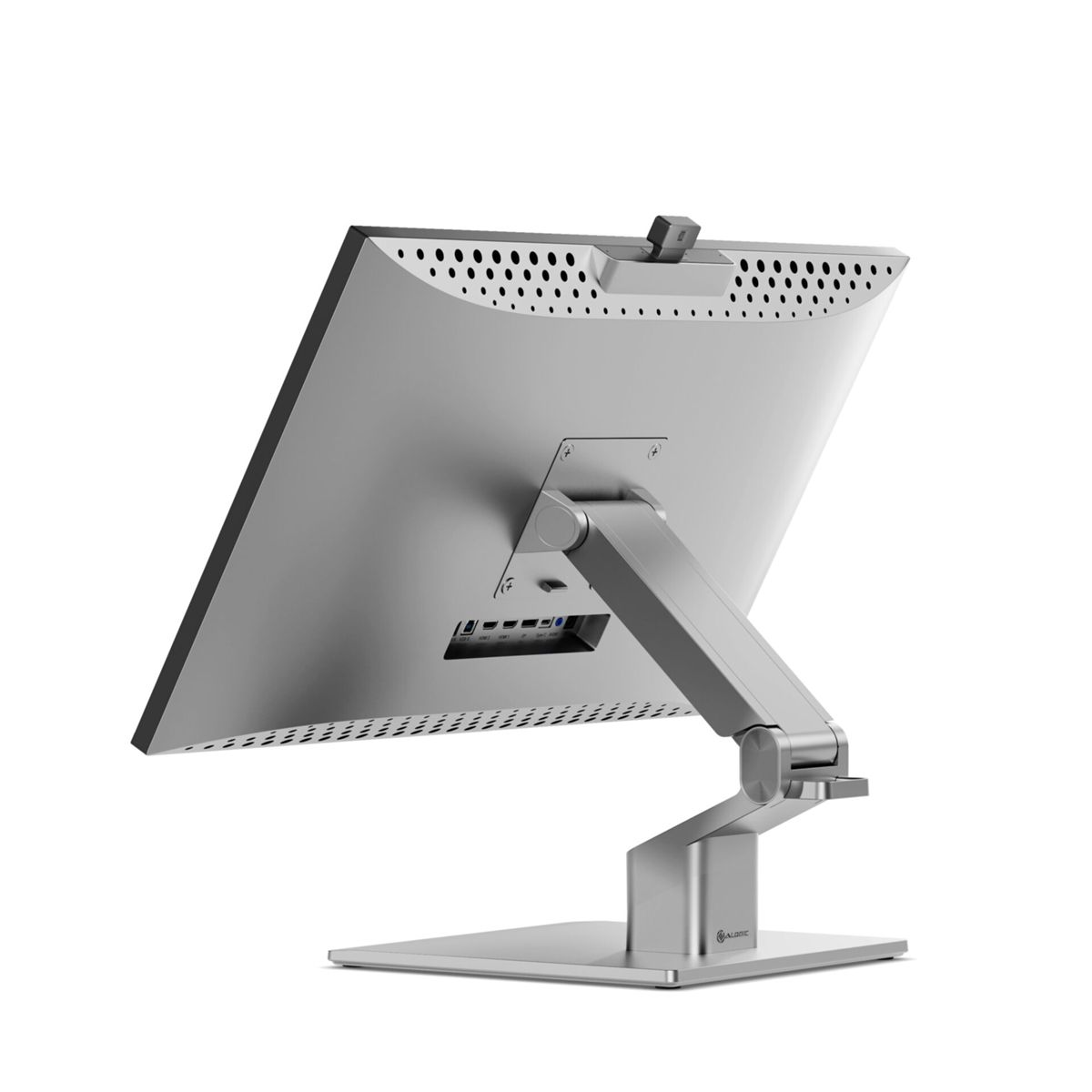 Vista posteriore di un monitor argentato su supporto con porte e fori di ventilazione.