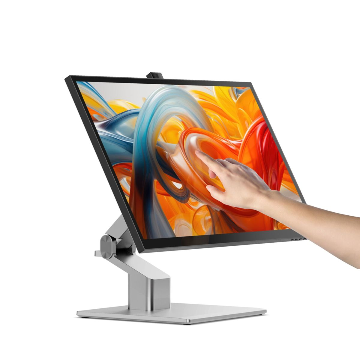 Un dito tocca lo schermo di un monitor con arte astratta colorata.