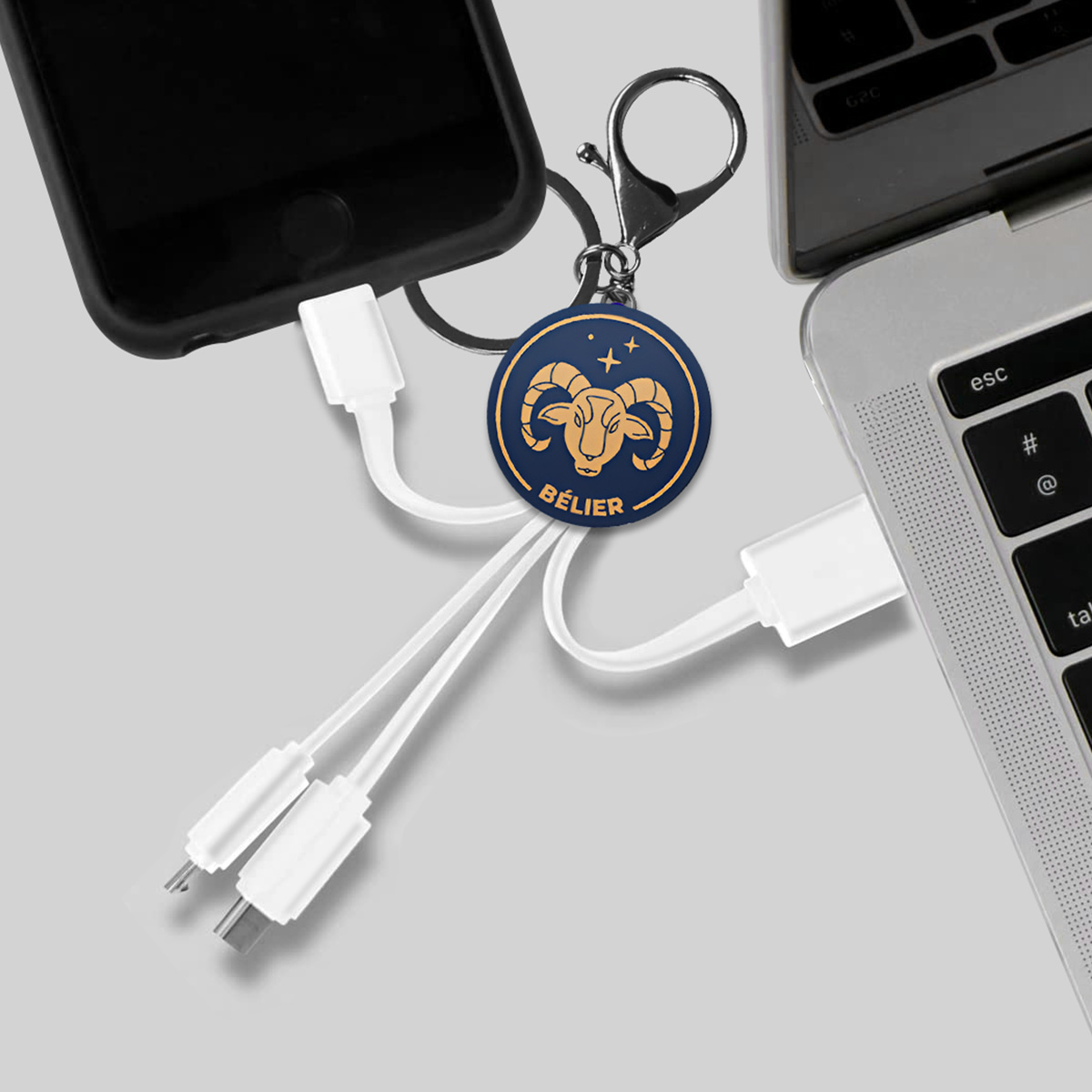 Un porte-clés avec symbole Bélier connecté à un câble de chargement allant à un smartphone et un ordinateur portable.